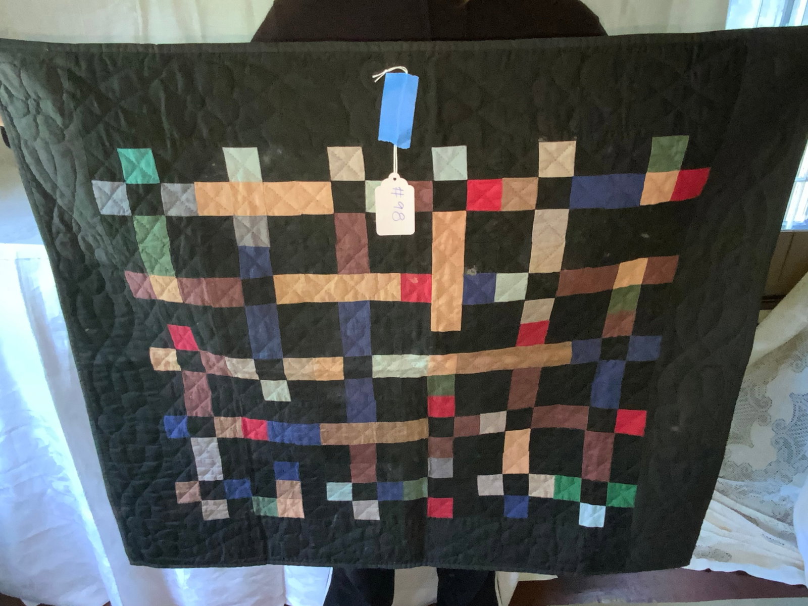Amish Crib Quilt: Amish crib quilt, blue black w/ multi colors, patchwork, 36" x 32". Good condition.