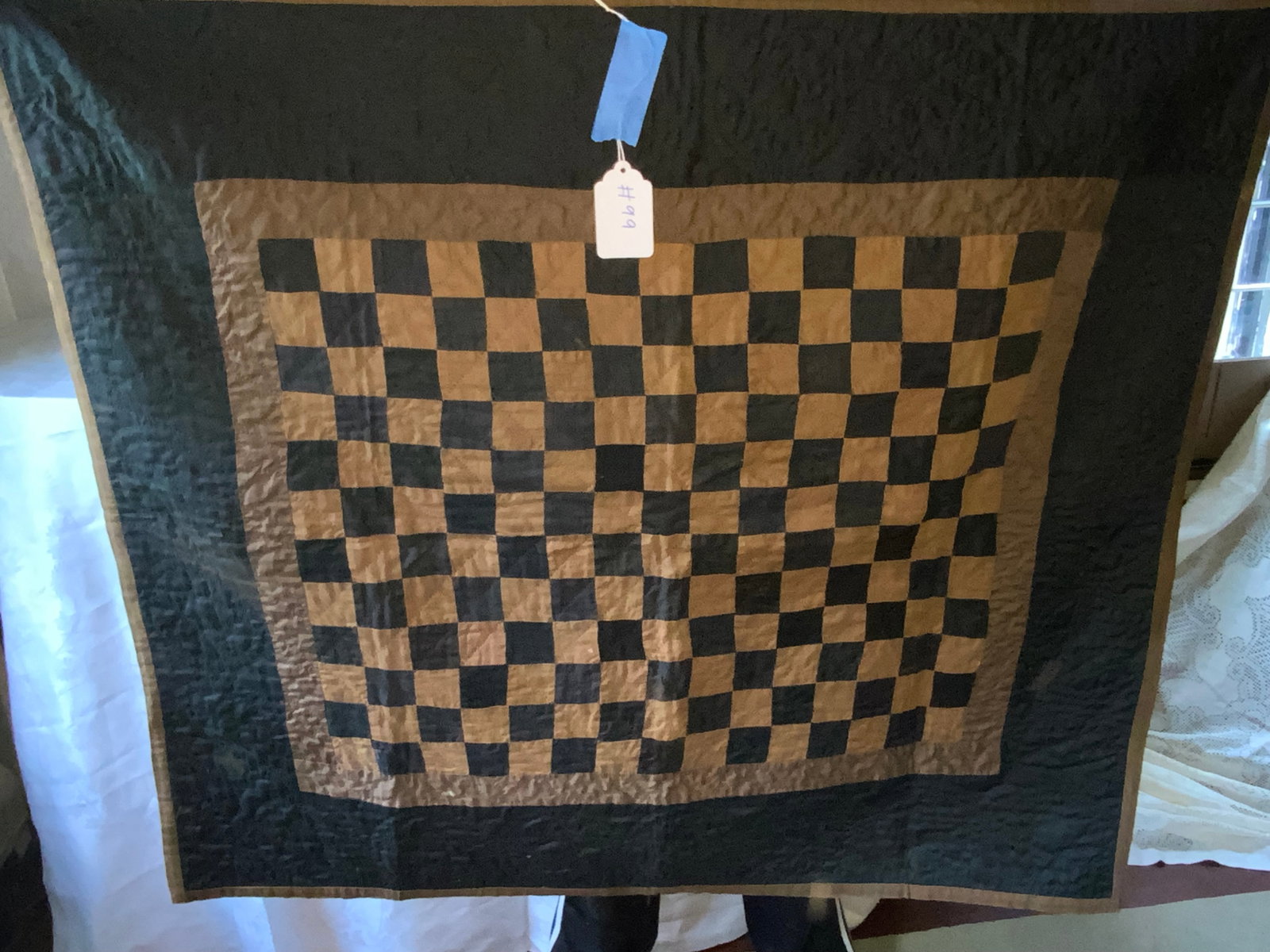 Amish Crib Quilt: Amish crib quilt, black, tan and brown, 38" x 34". Good condition.