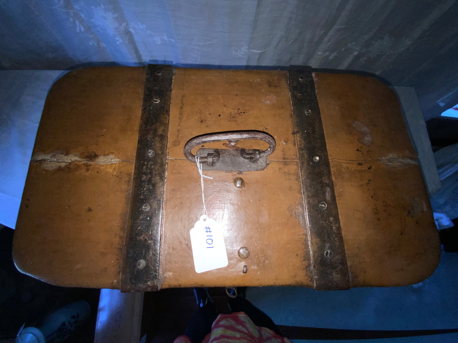 Shaker-Style Box: Shaker-style box w/ hand wrought strapping & lock w/ key, made like a Shaker pantry box with overlapping wood and round corners, divided sections on the left, original hardware, 24 1/4" wide x 14
