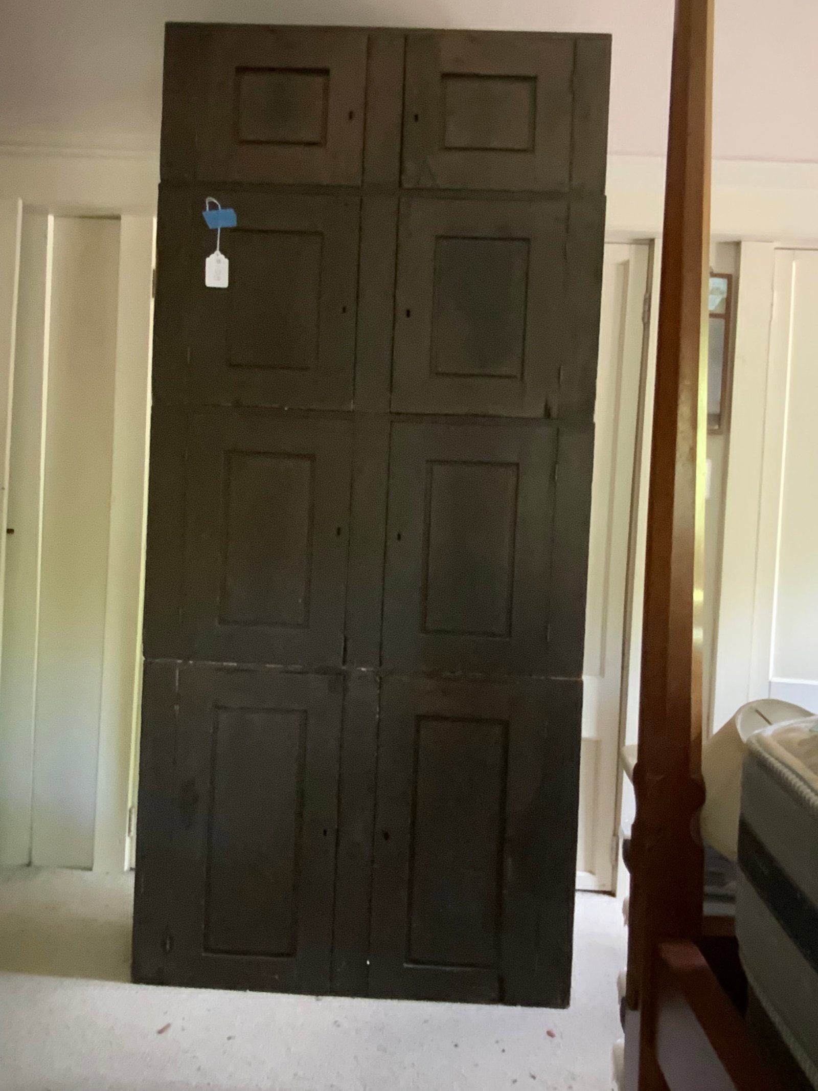 Harvard-Type Bookcase/Cupboard: Harvard-type grain painted 4-part graduated bookcase/cupboard, late 18th/early 19th century, raised panel doors, old brown grain painted finish, 36" wide, 78 1/2" tall, old paper Newburyport tag on