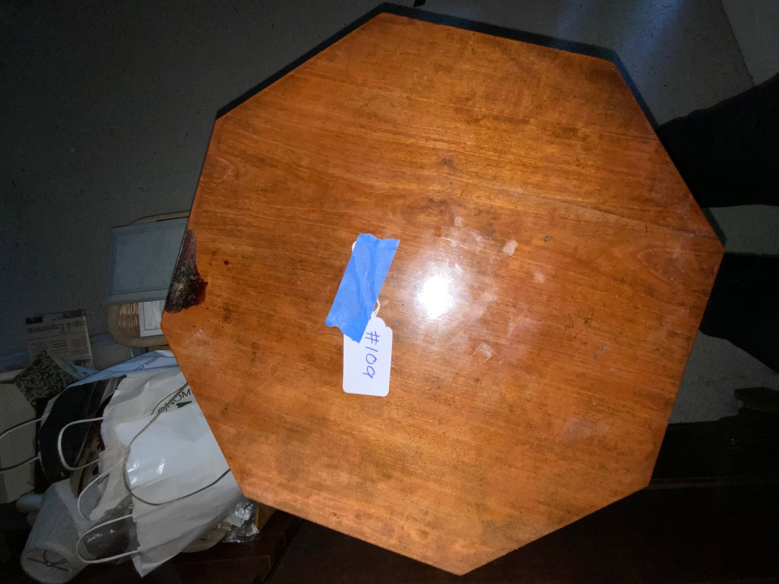 Federal Cherry Candle Stand: Federal cherry candle stand, octagonal top, nice turned post with spider legs (top and base did not start life together), restored, 27 1/2" tall, stain on top. Fair condition.