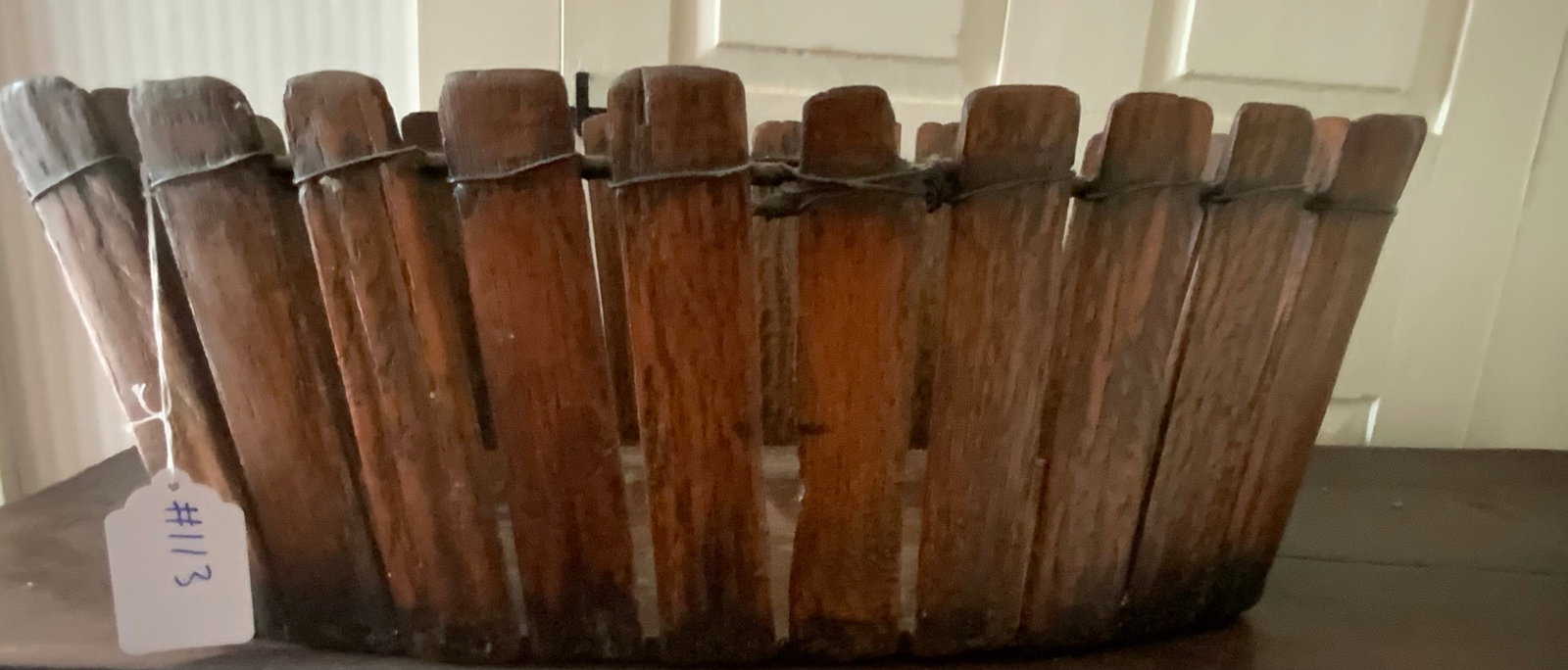 Shaker Berry Basket: Shaker picket fence berry basket, bail handles, 22" long x 13" wide x 9" tall. Good condition.