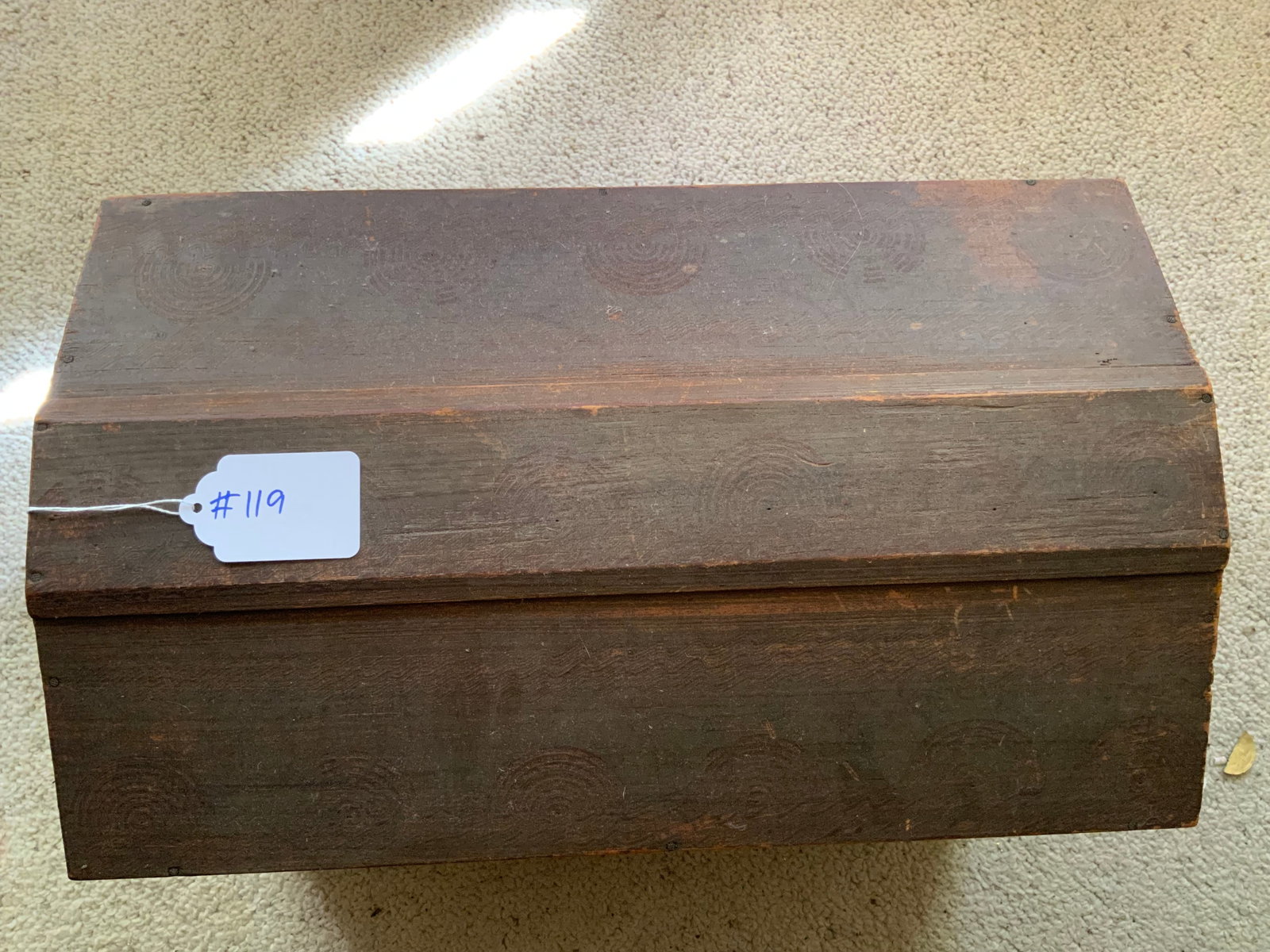 Document Box: Document box w/ pressed design, 20" wide x 12 1/2" wide x 13" tall, original lock, unusual design. Good condition.