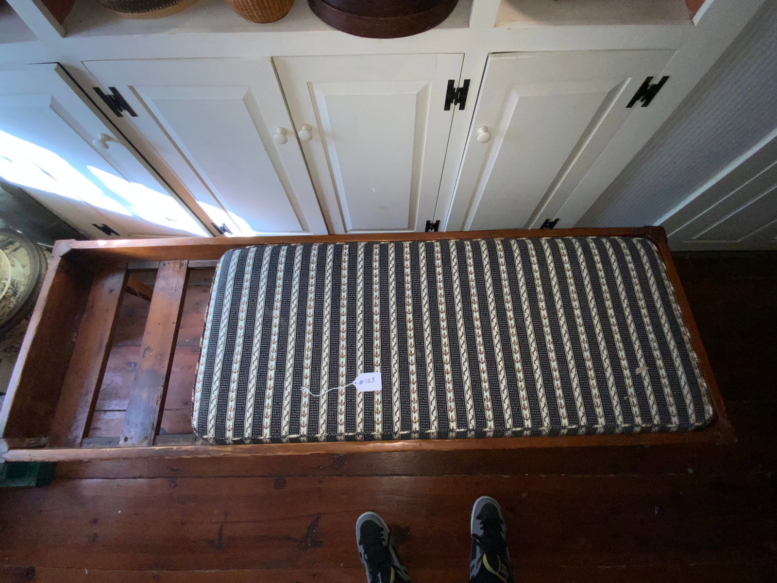Pine Day Bed: Pine day bed (hired man's bed), tapered legs, red paint/varnish, 71 1/2" long x 24" wide x 18" tall.
