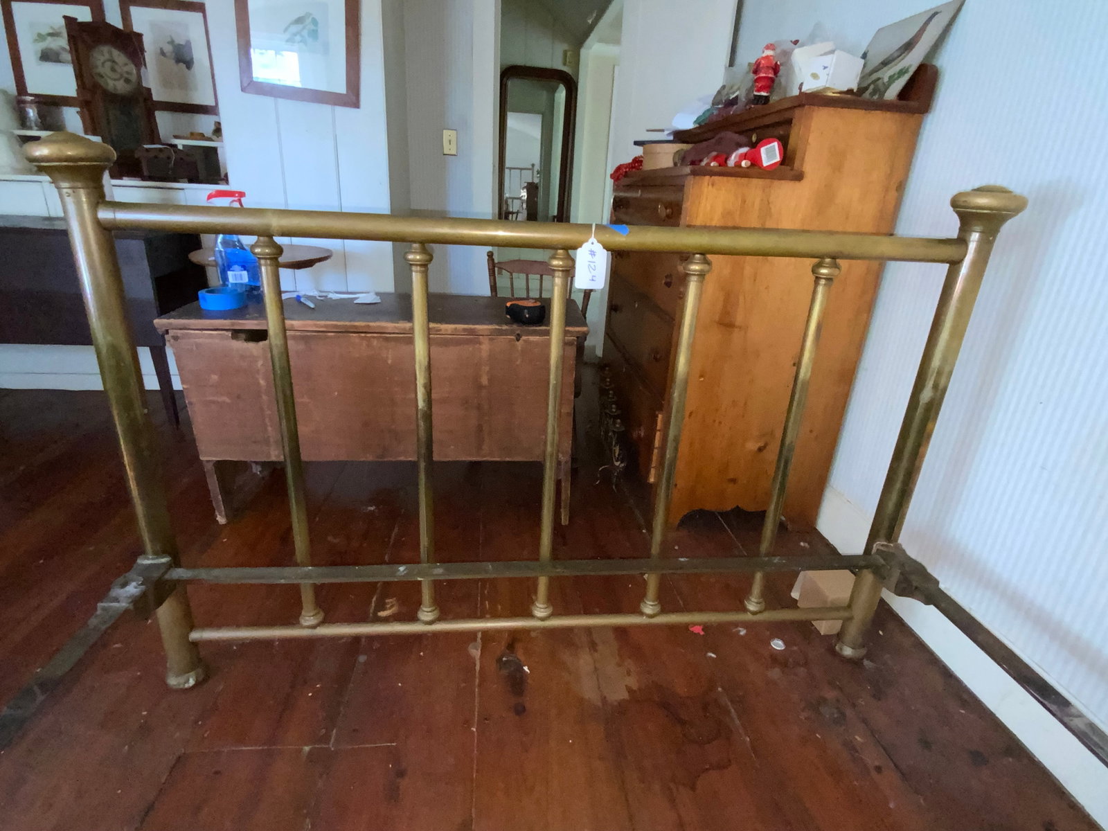Brass Bed: Brass bed, 53" wide, 86" long, headboard 55" tall, footboard 37 inches tall, mushroom tops. Good condition.