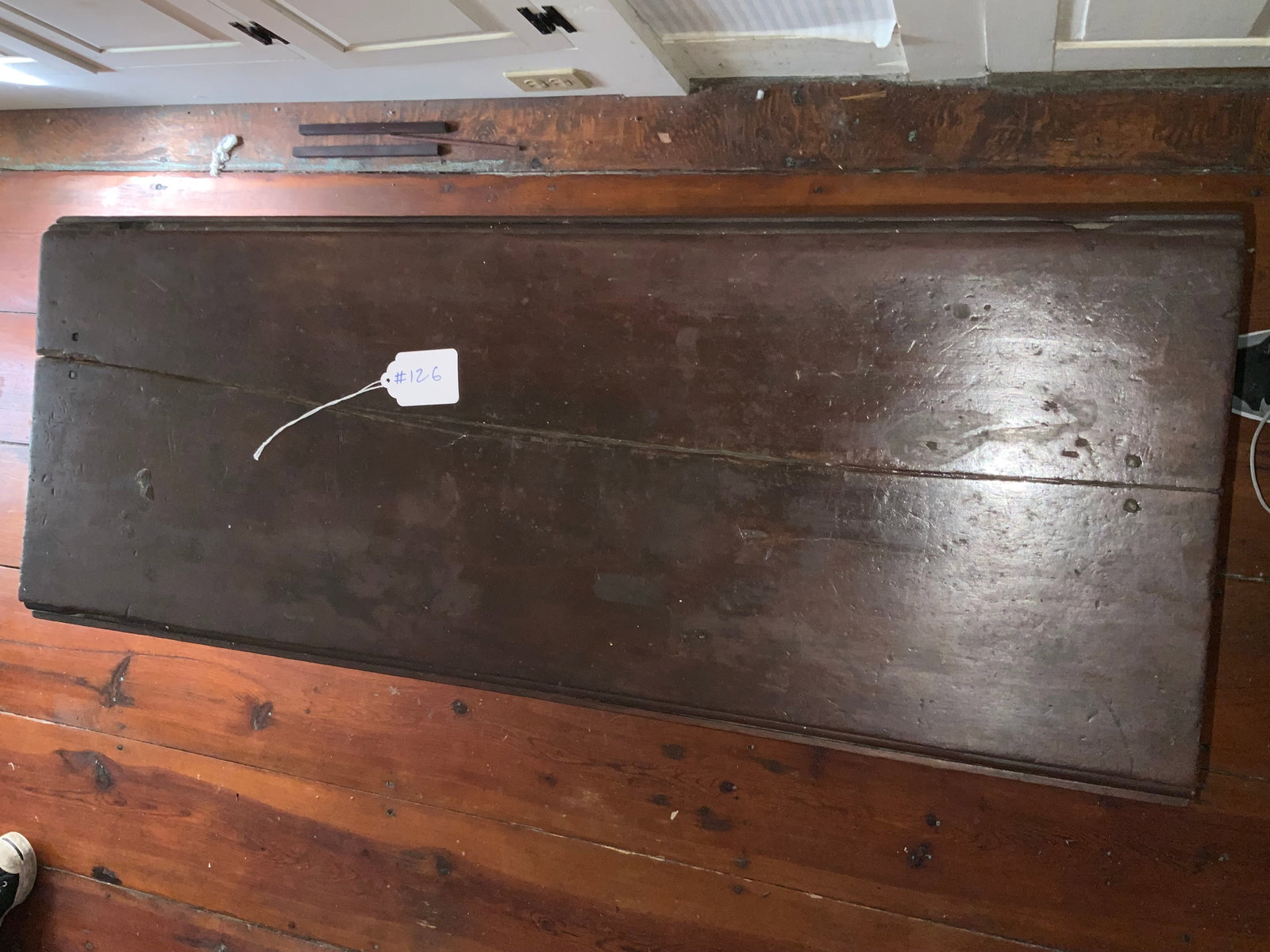 Drop Leaf Table: Drop leaf table, swing leg, square tapering legs, old dark finish, split on top, 1800-1830, open 42 1/4" wide by 40" long, closed 14 1/2" x 40" long, 27 1/2" tall, repaired split on drop leaf and spli