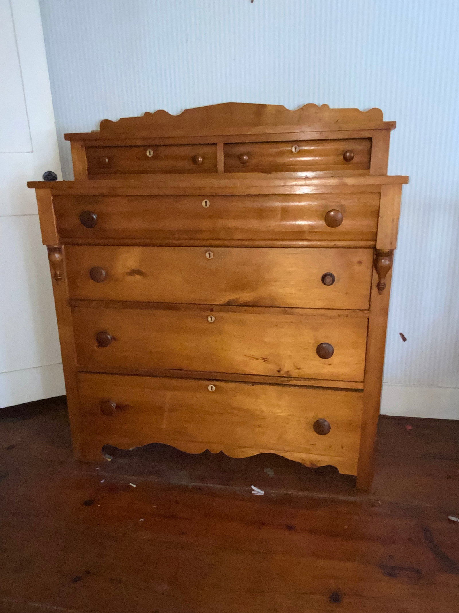 Butternut Chest: Butternut chest, midwest style, 2 drawers over 4 drawers, ogee style cutout backsplash, 41" wide, 20" deep, 37" tall, refinished long ago. Good condition.