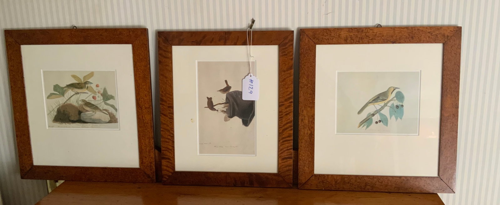 Audubon Bird Prints: Audubon 3 bird prints, birdseye curly maple frames, 28 1/4" x 6 1/2", 6 1/4" x 10". Good condition.