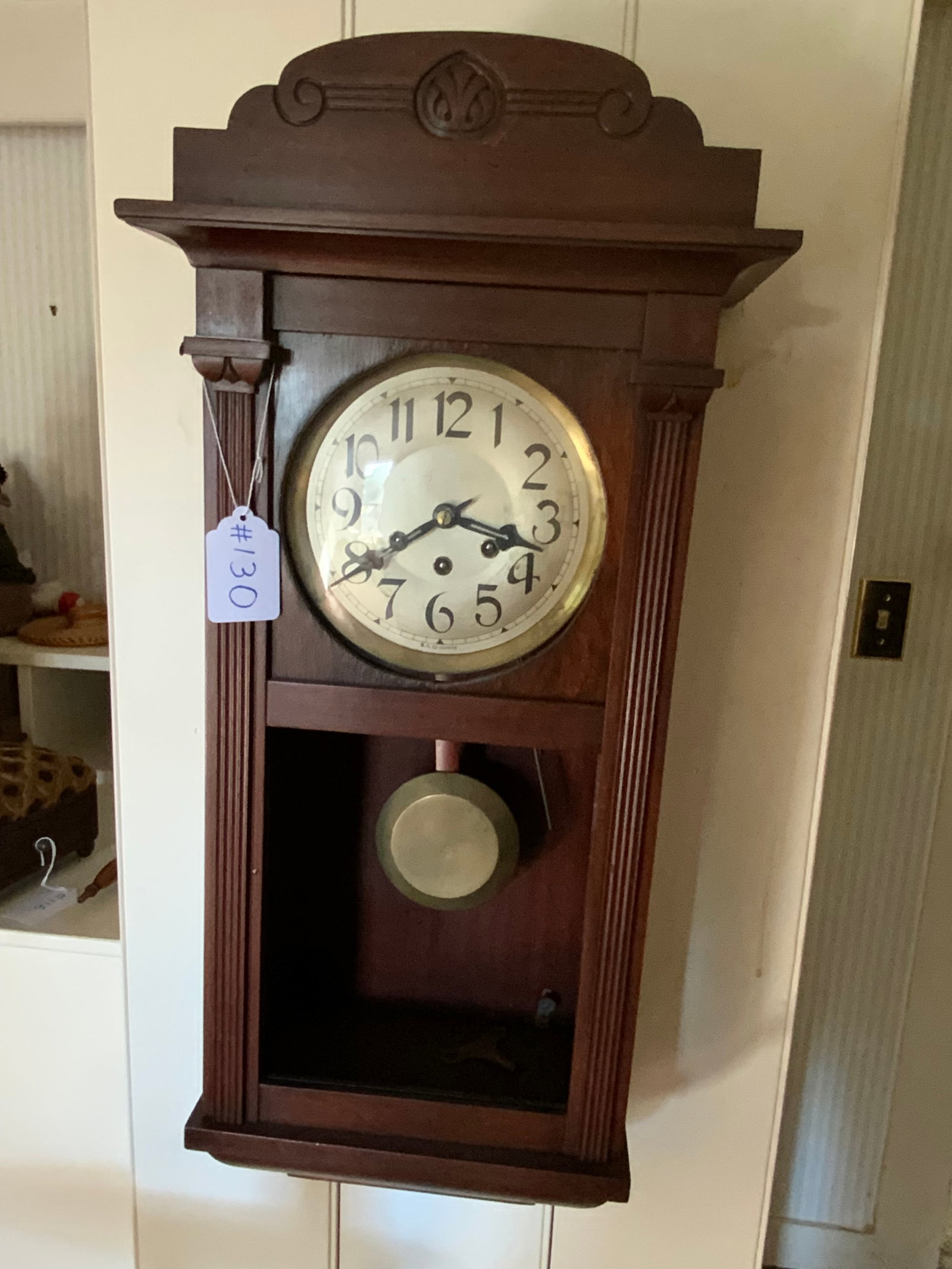 German Regulator Clock: Clock, German regulator, missing glass, 33" tall, 6 1/2" deep, 12 1/2" wide, has pendulum and key. Good condition.