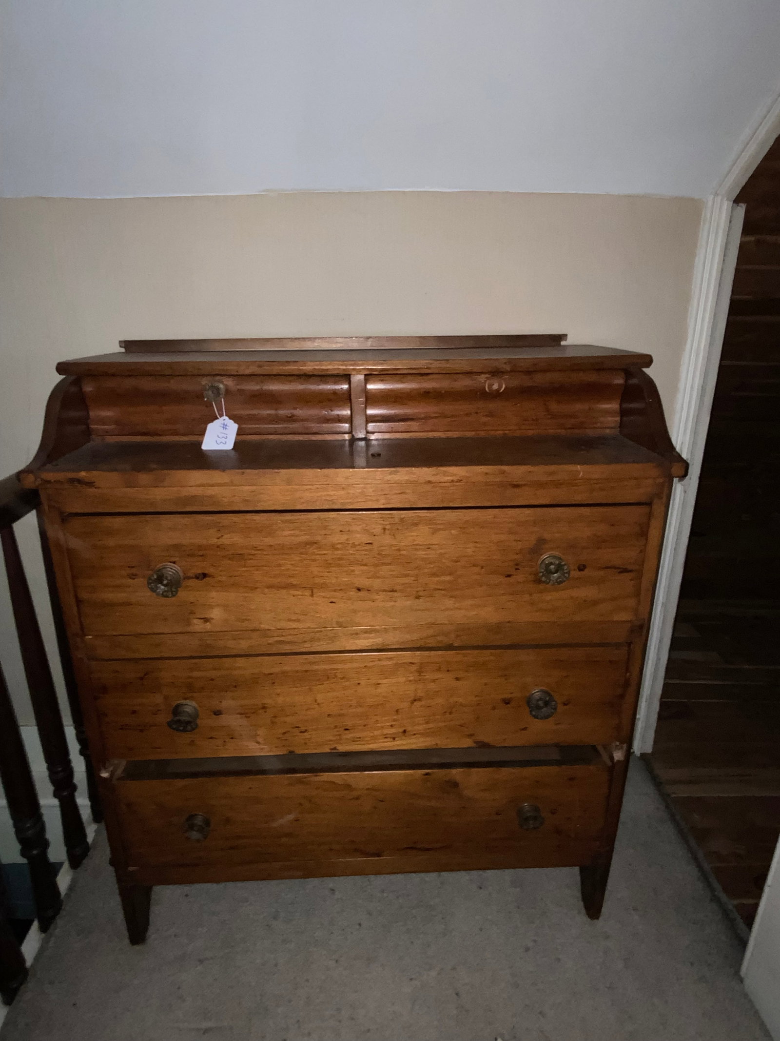 Butter Chest: Butter chest, two drawers over three, boot jack cut style base, brass hardware, missing one pull. Fair condition.
