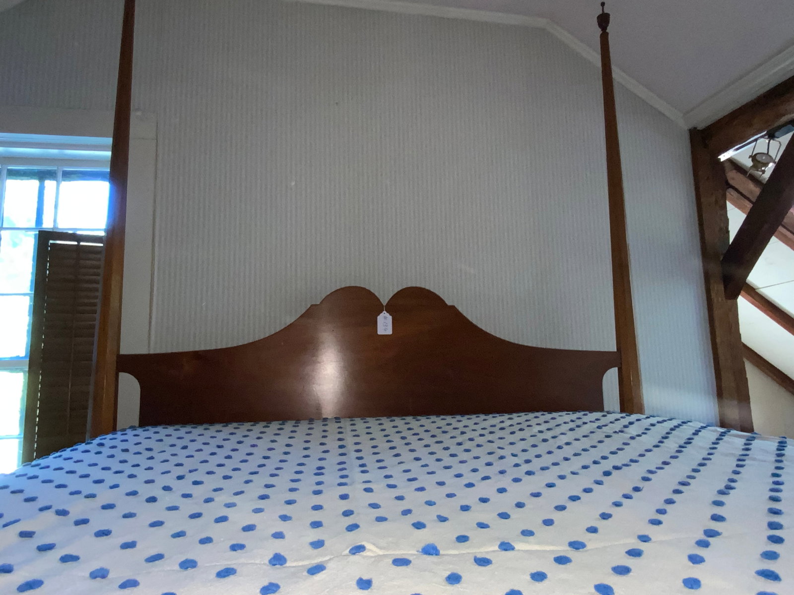 Cherry 4-Post Bed: Queen size cherry 4-post bed by Reid, Mobile, Alabama, high-quality reproduction, right hand side is sun faded, two finials are as-is, 88 inches tall with finials, original lag bolted together. Fair c