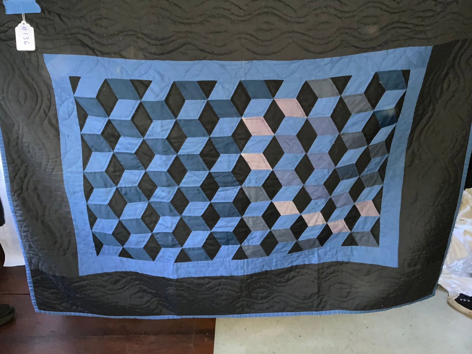 Amish Quilt: Amish quilt, blue & black, cube pattern, 44" x 57". Good condition, normal wear.