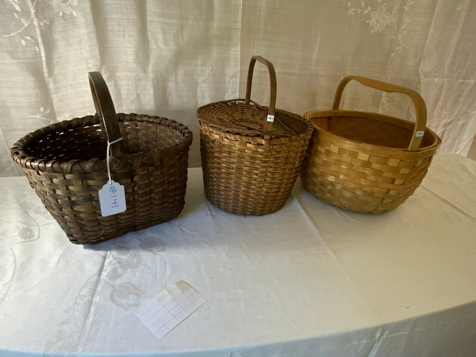 Fixed-Handled Baskets: 3 fixed-handled baskets, 2 antique & 1 by James Tomah from the Maliseet, in ash. Good condition.