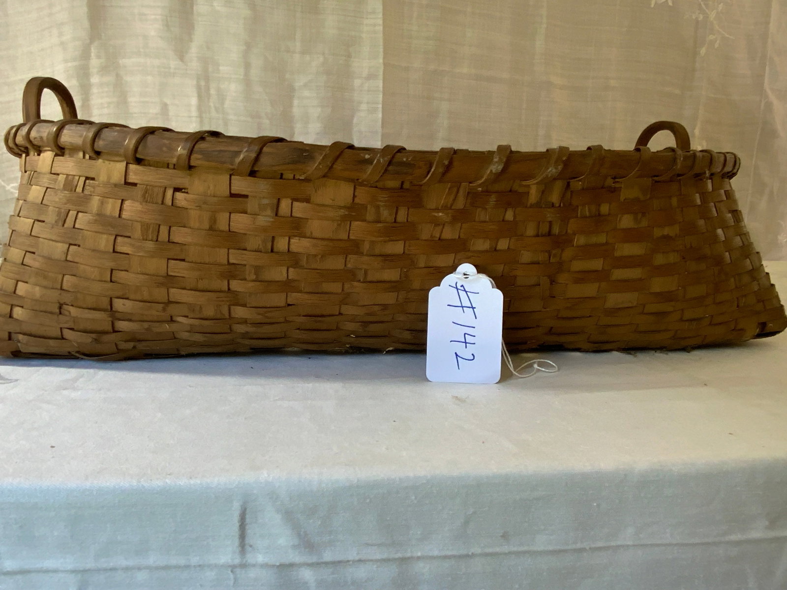 Splint Basket: Splint basket w/ fixed handles, 19" wide, 6" tall. Good condition.