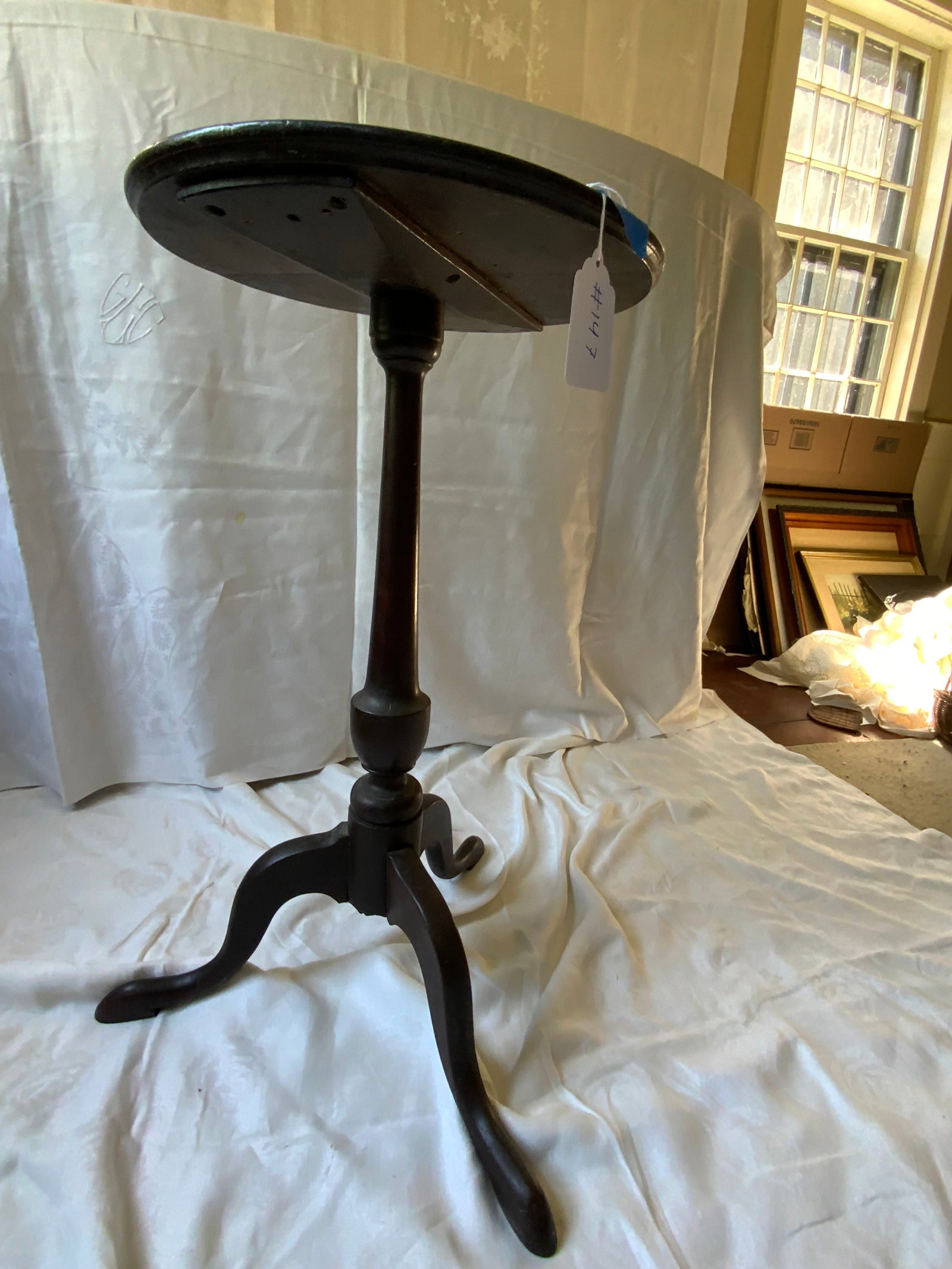 Cherry Candle Stand: Cherry candle stand, circa 1790-1840, cabriole leg base, padded feet, 15" round dish top, minor finish blemishes, early repair on top. Good condition.