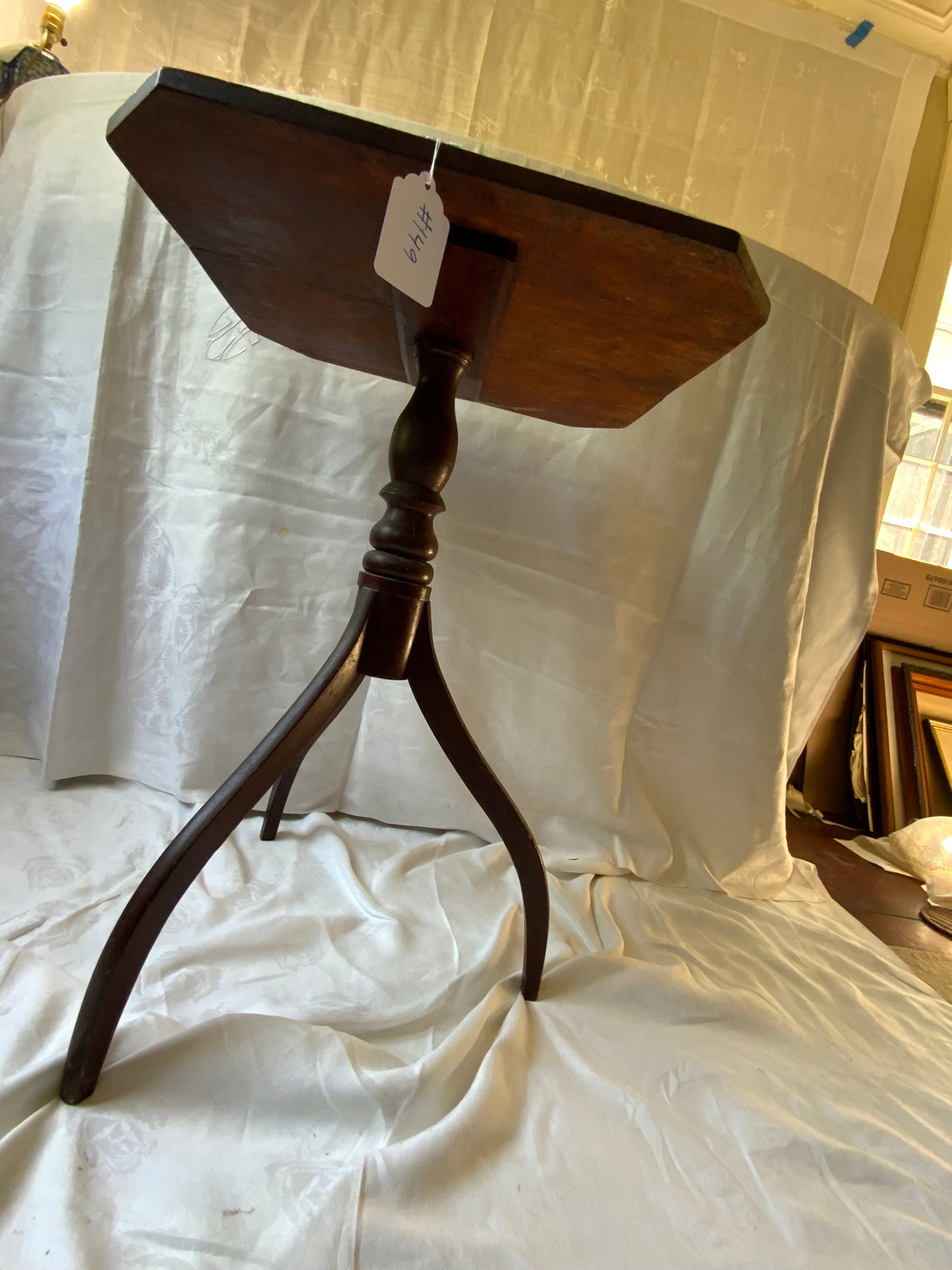 Federal Cherry Candle Stand: Federal cherry candle stand, octagonal top, high spider leg base, cracked top, 28" tall. Fair condition.