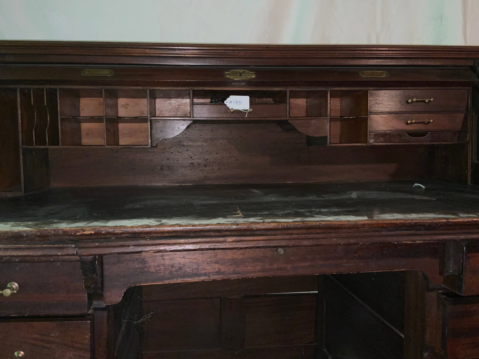 Roll Top Desk: Roll top desk, mahogany, by A.H. Andrews Co., Chicago, multi-compartmented interior, double bank desk with center drawer and privacy panel. Good condition.
