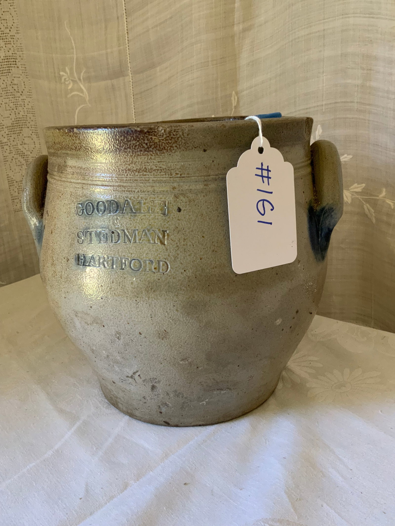 Goodale & Stedman Crock: Crock, Goodale & Stedman, Hartford, 2 handles, few minor rim chips, blue accent decorations, applied handles, 8 inches tall, 8 inches wide at top. Good condition.
