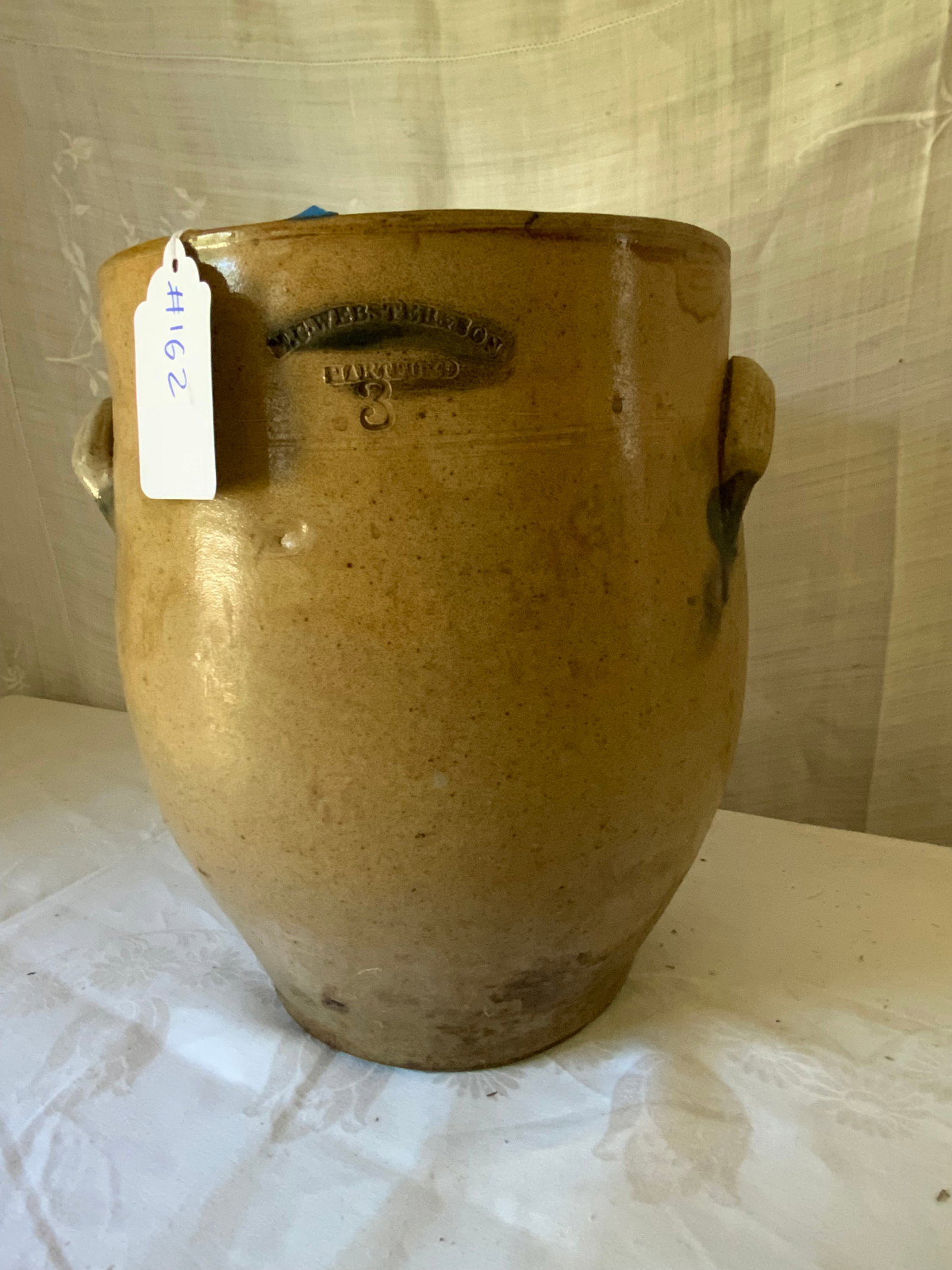 McWebster & Son Crock: Crock, McWebster & Son, Hartford, 3 gal, few minor chips on rim, 2 handles, 12 1/2" tall, 9 1/2" wide at top. Good condition.