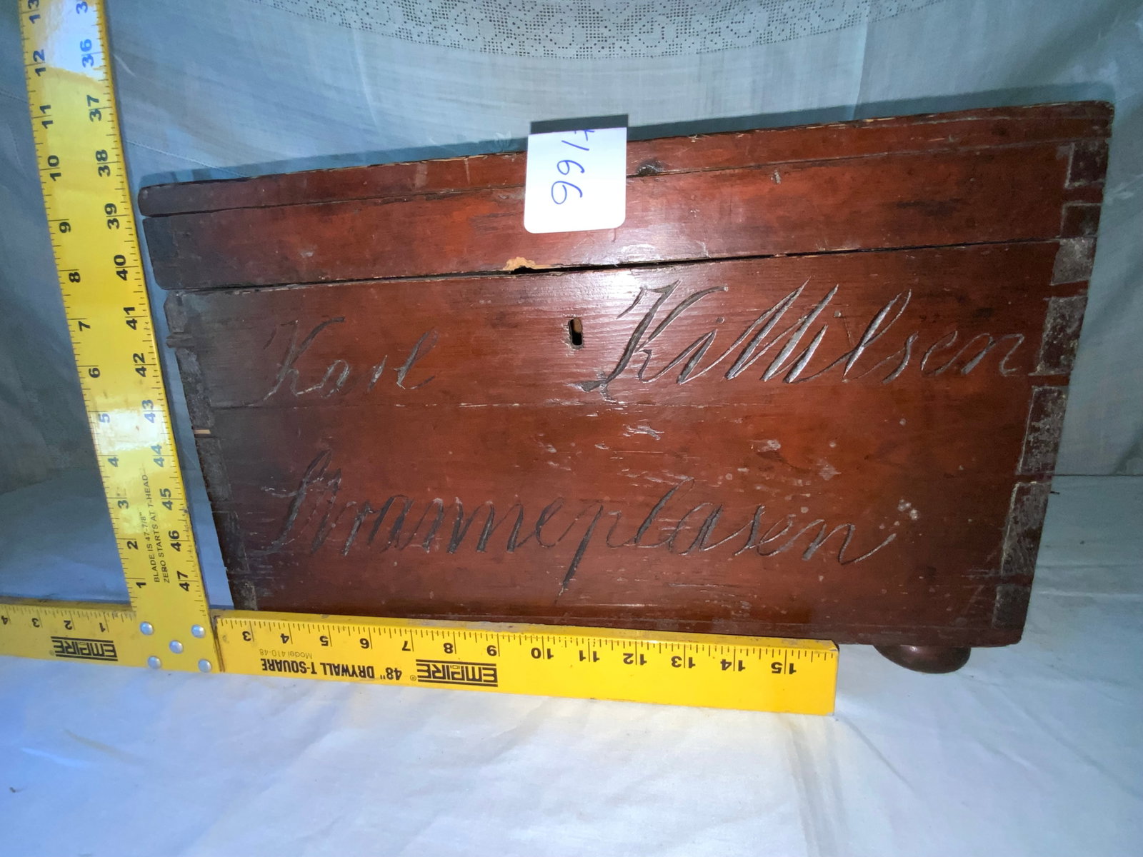 Norwegian Immigrant's Trunk: Norwegian immigrant's trunk inscribed "Wisconsin North America," 16" tall, 17 1/2" wide, 12 1/2" deep, dovetail box and handle on top, front inscribed Karl Kittelsen, Strammepladsen. Good condition.