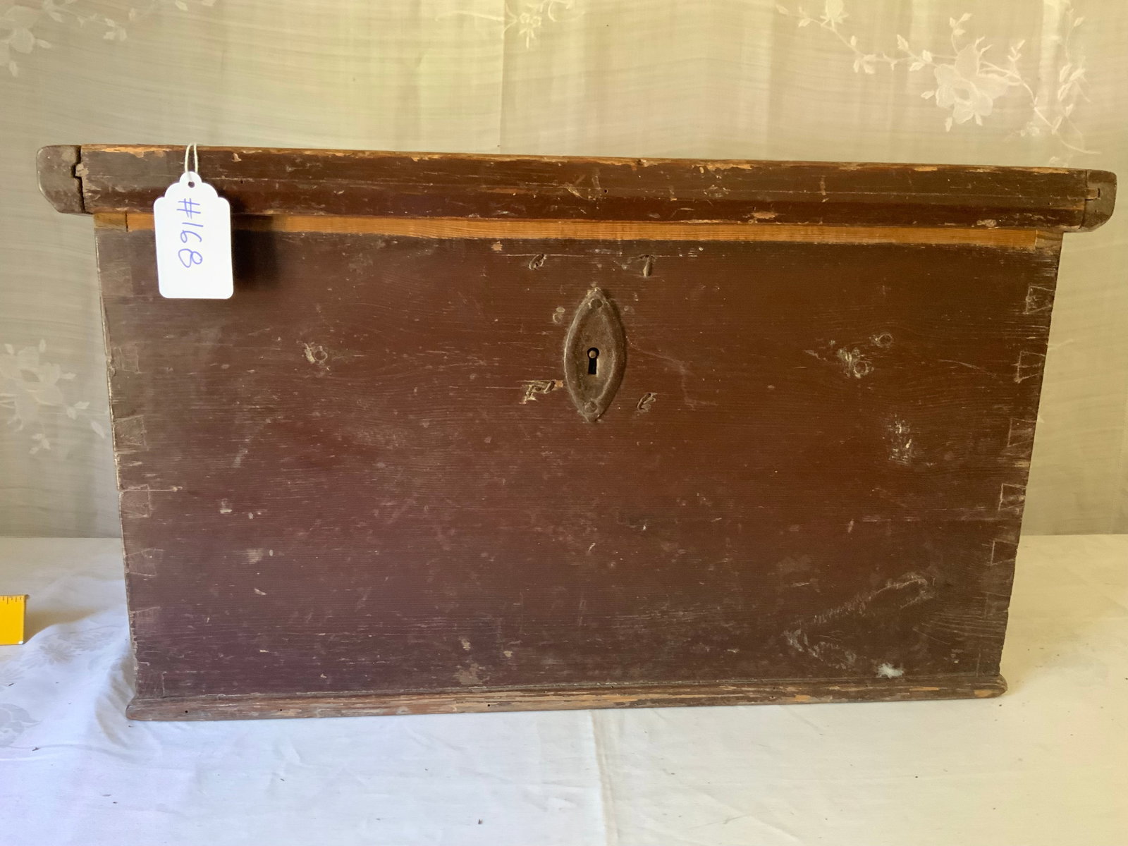 Lift Top Chest: Lift top chest, dovetailed sides, 14 1/2" tall, 26" wide, 13 1/2" deep, handmade hinges and lock, old brown-red surface. Good condition.