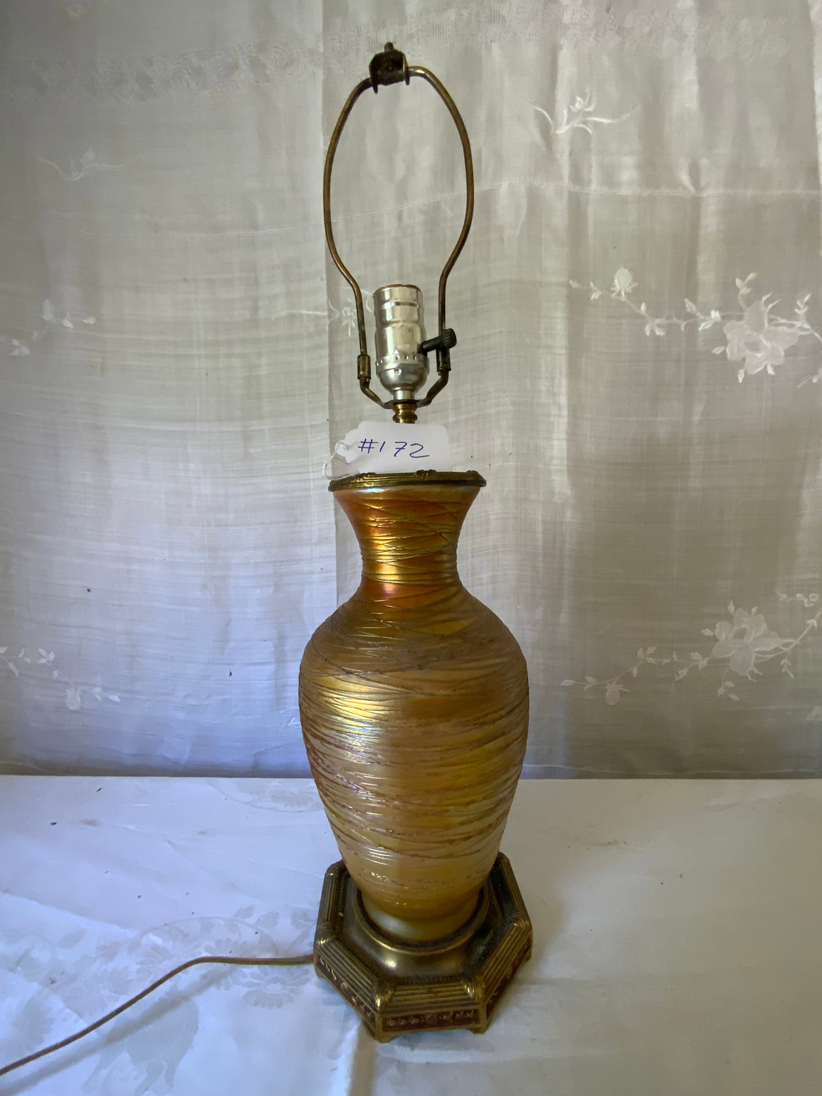 Favrile Art Glass Lamp: Art glass lamp, Favrile style, made as a lamp not a drilled vase, MSCO on bottom #0154. Good condition.