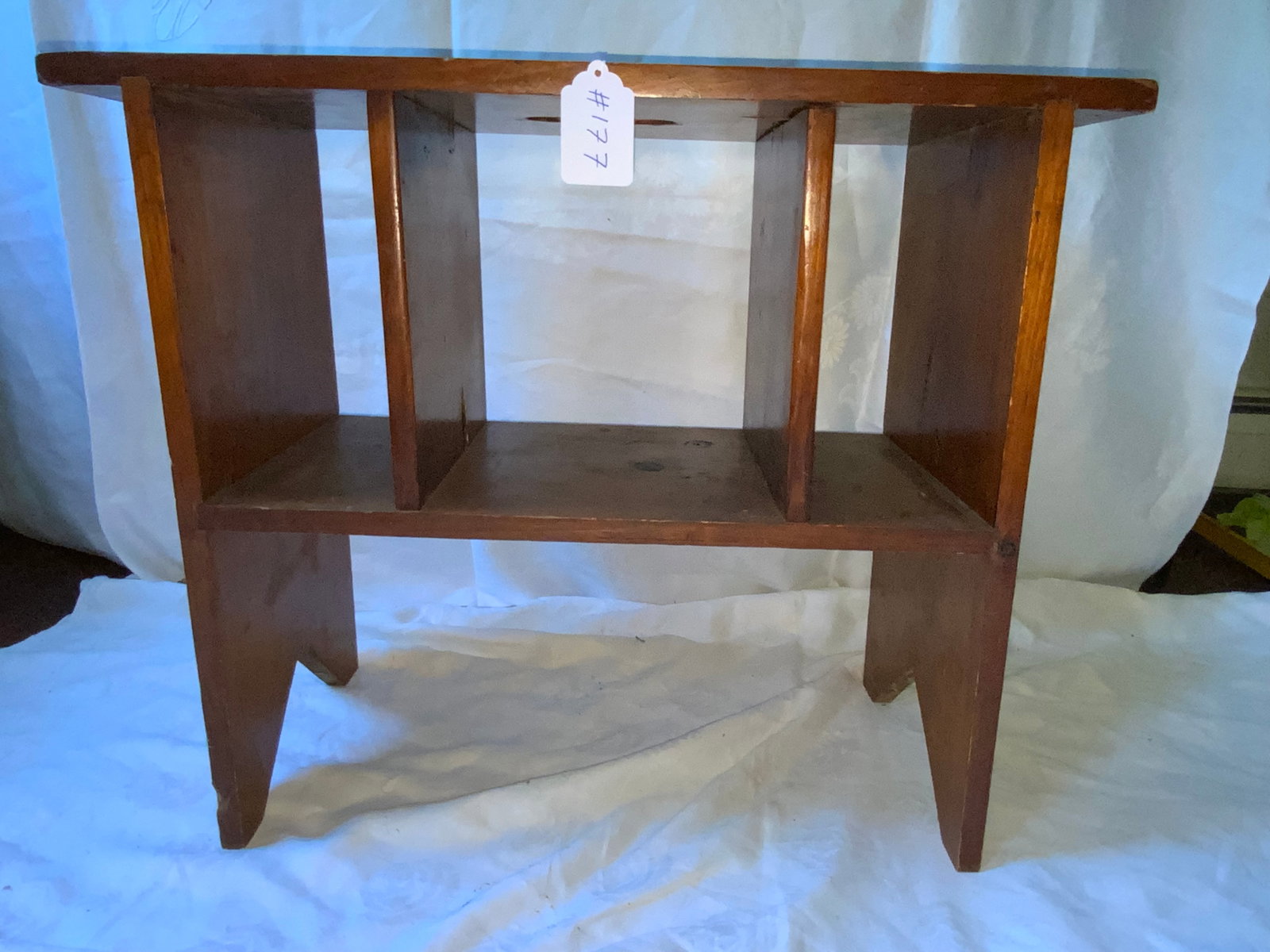 Pine Boot Jack Bench: Pine bench, boot jack cutout ends, handle in top, 27 1/2" long x 11 1/2" wide x 23" tall. Good condition, normal wear.