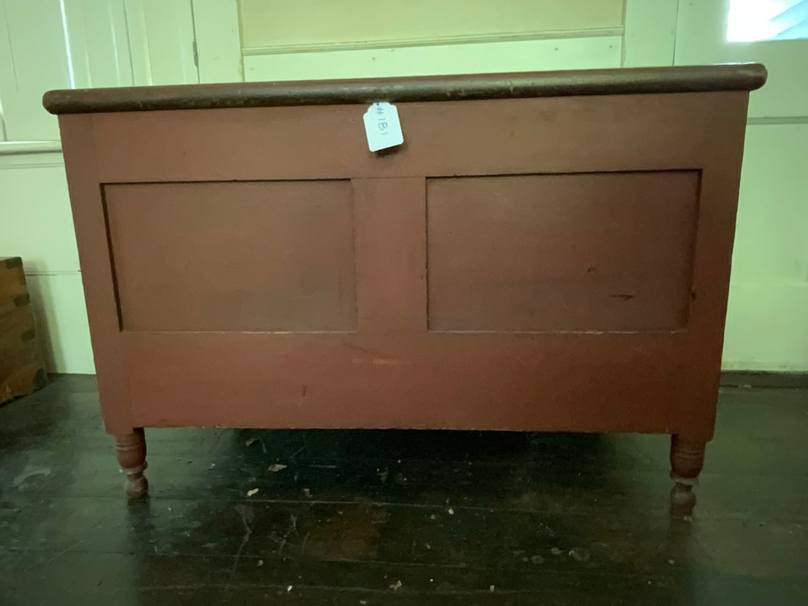 Pine Blanket Box: Lift top pine blanket box, old red paint finish on turned feet, 37" wide, 20 1/2" deep, 24 1/2" tall, pegged construction. Good condition.