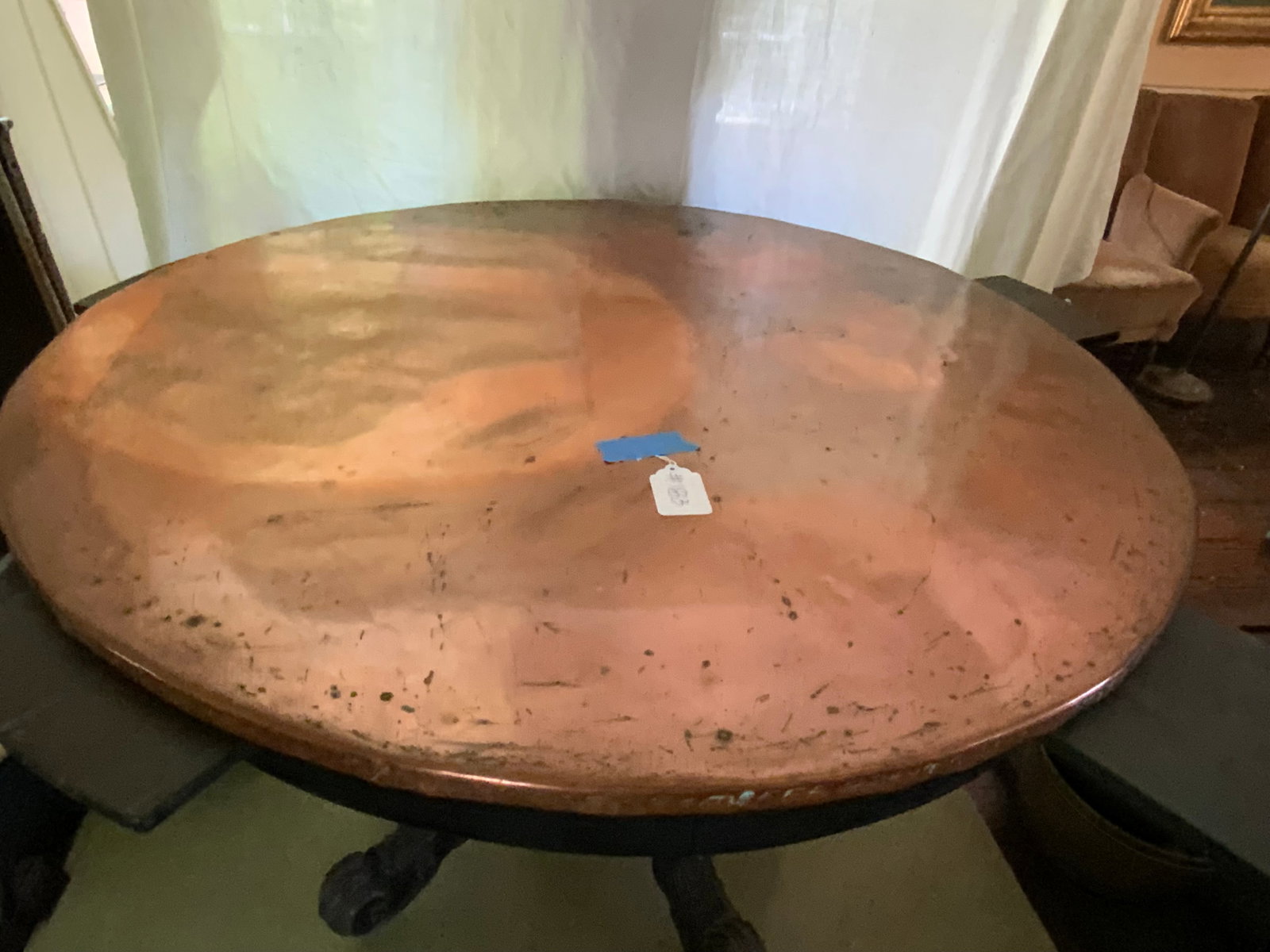 Victorian Rococo Revival Table: Victorian table, Rococo Revival center table w/ 5 pull-out slides to make it a game table, 46" round, 29" high, a brass top has been added. Fair condition.