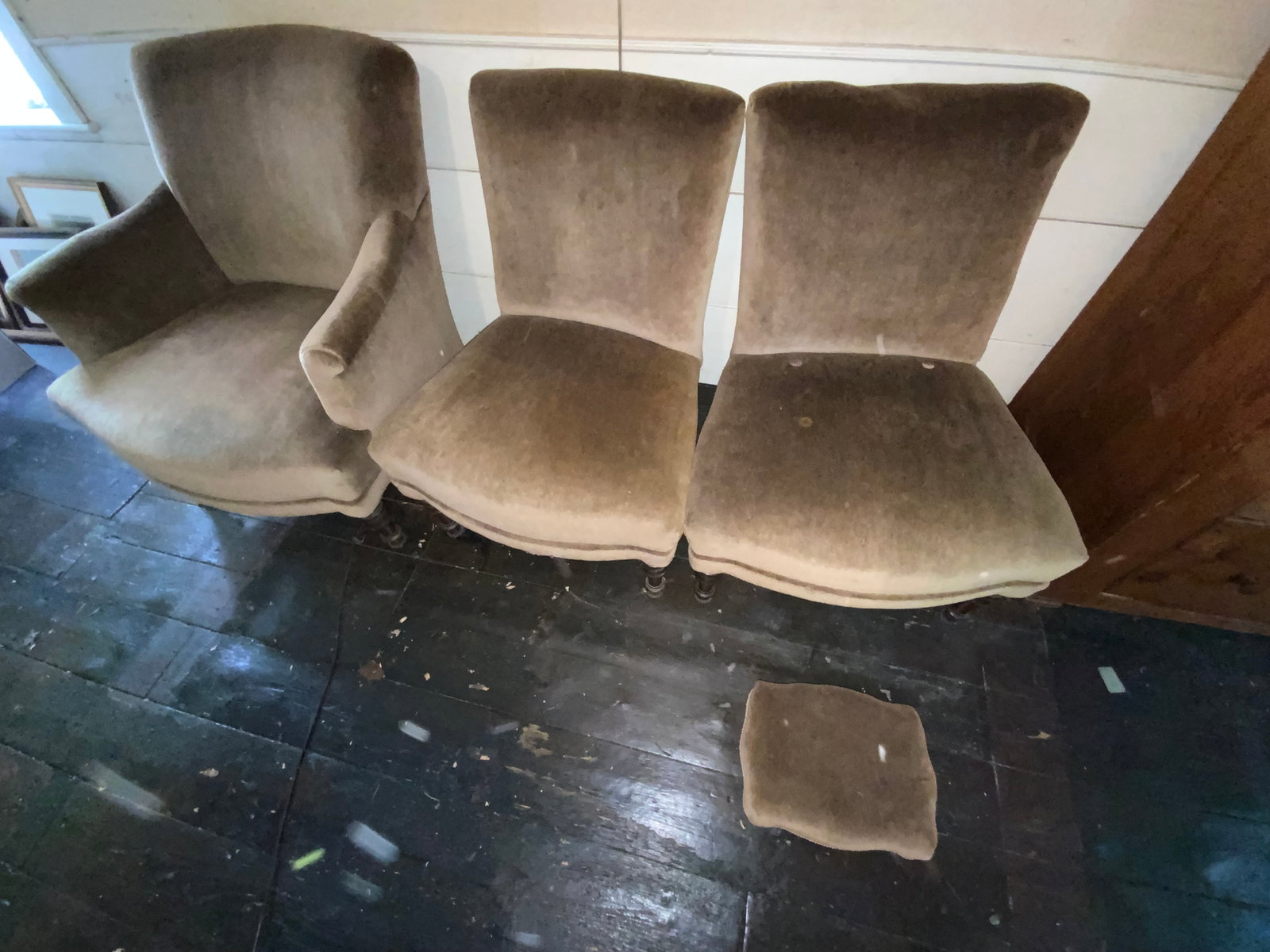 Victorian Chairs: Victorian chairs, set of 3 + 1 footstool, brown upholstery, walnut frames with turned legs. Overall good condition.