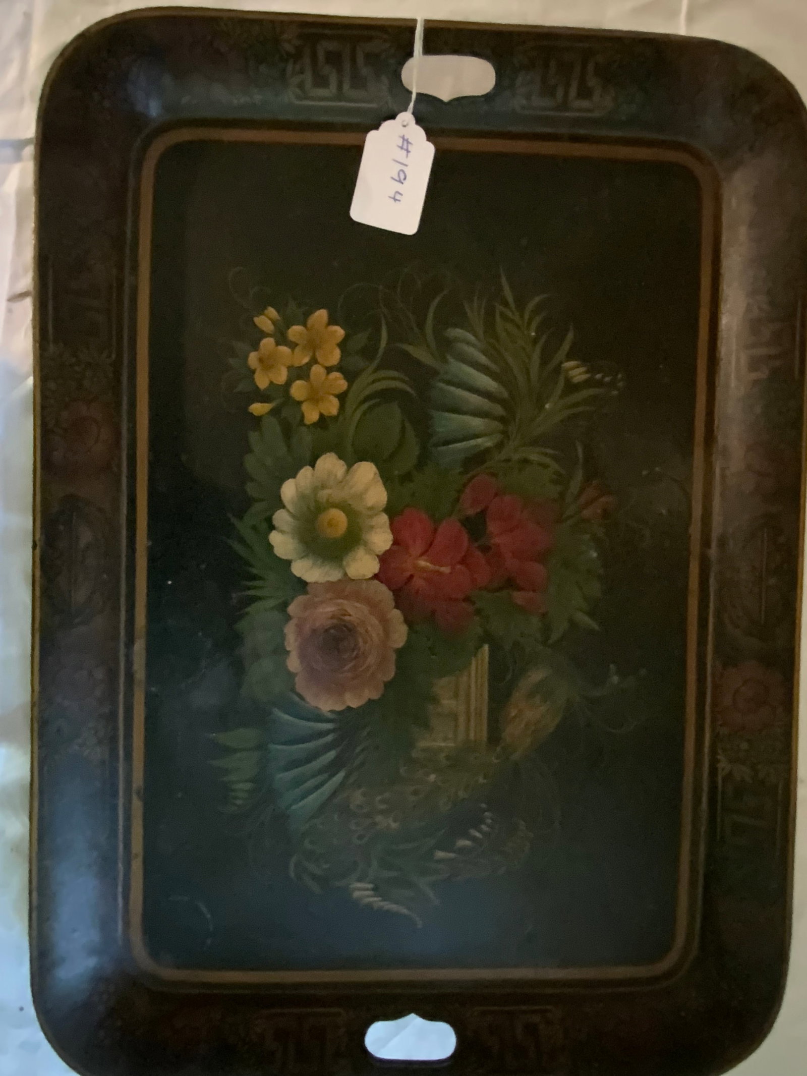 Tole Tray: Tole tray, black and gold floral, 26" long, 19" wide. Good condition.