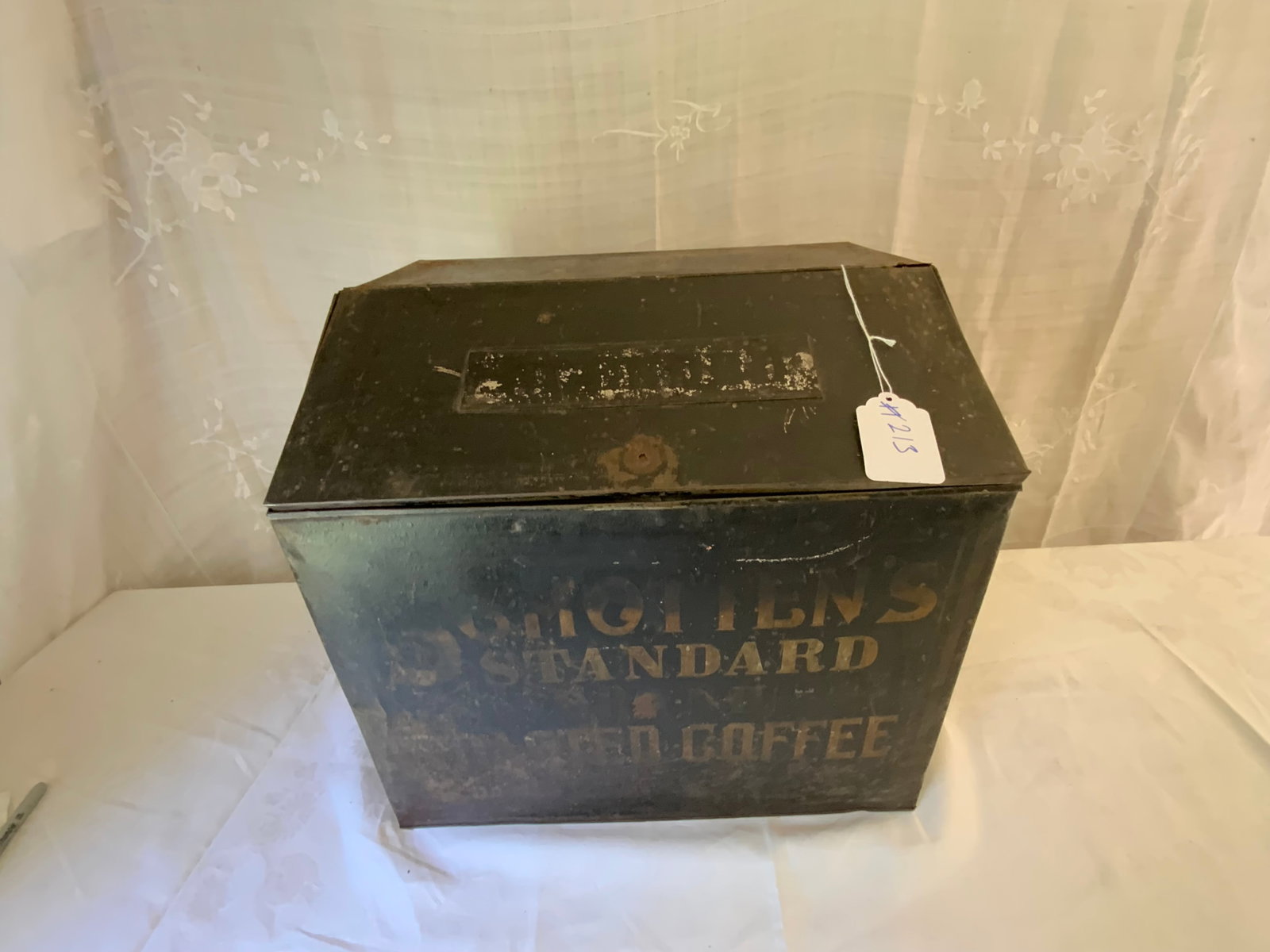 Coffee Tin: Coffee tin, gold lettering, Standard Coffee, 18" wide, 14" deep, 17 1/2 inches tall. Good condition with normal wear.