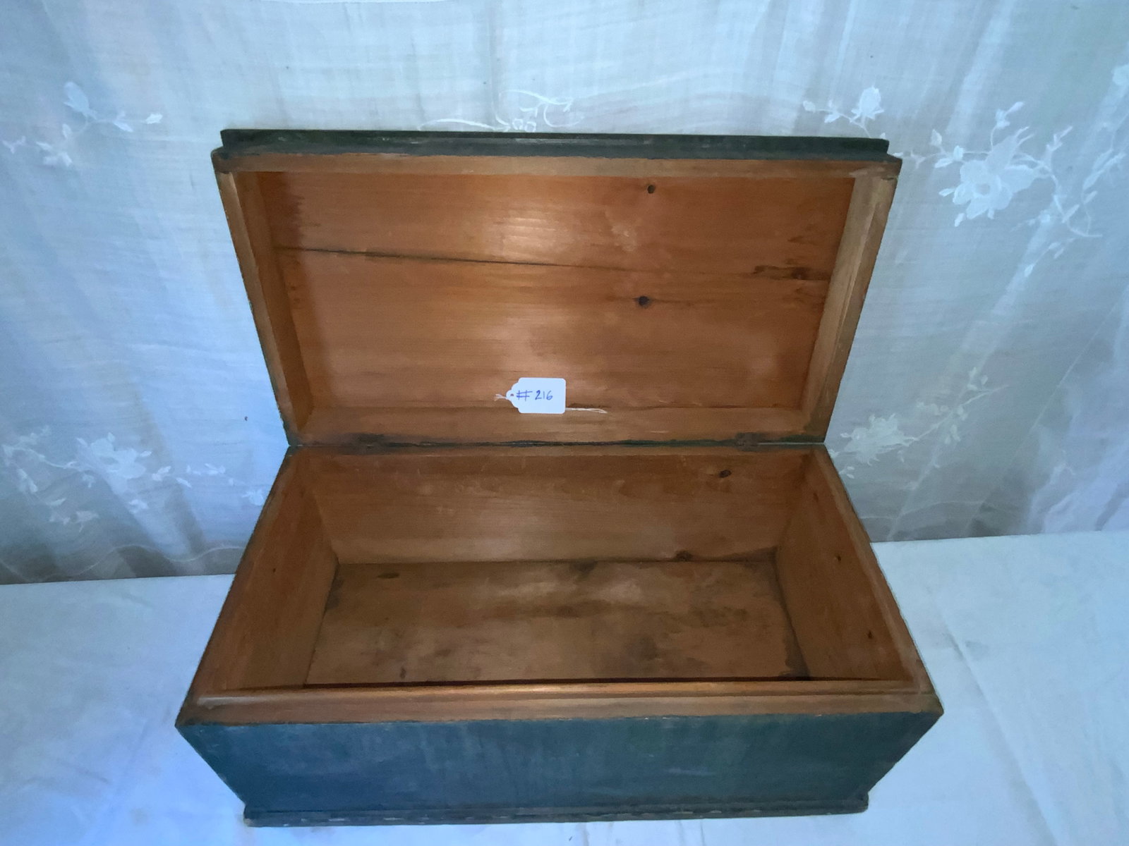 Dovetailed Storage Box: Dovetailed storage box in old green/gray paint, 25 1/2" wide by 13 inches deep, 12 inches tall, early crack on top. Good condition.