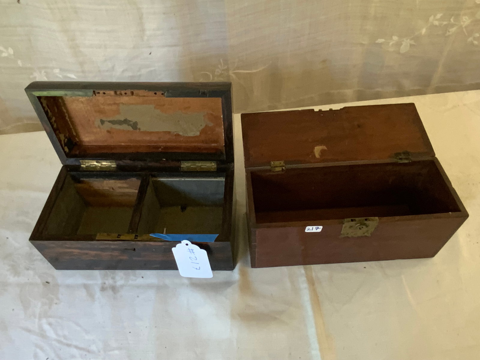 Tea Caddy & Trinket Box: 2 boxes: 1st tea caddy with exotic wood veneer, 9 1/2" wide by 5" deep, 5" tall; 2nd mahogany trinket box with lock (missing key), dovetailed, 10" wide by 4" deep by 4 1/2" tall. Good condition.