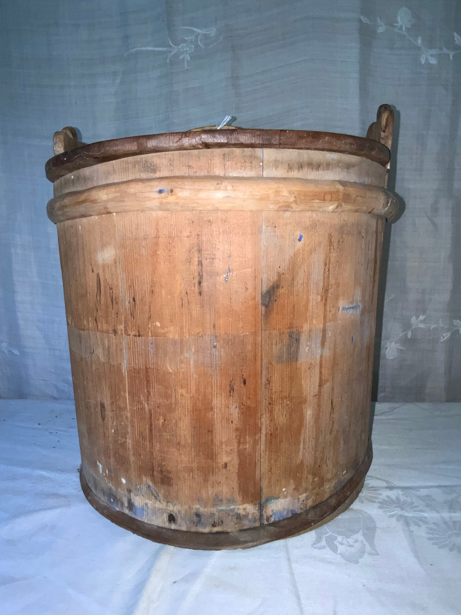 Firkin Bucket: Firkin bucket w/ original circular top, locking stick with handle, 13 1/2" tall, 13 1/2 inches wide. Good condition.