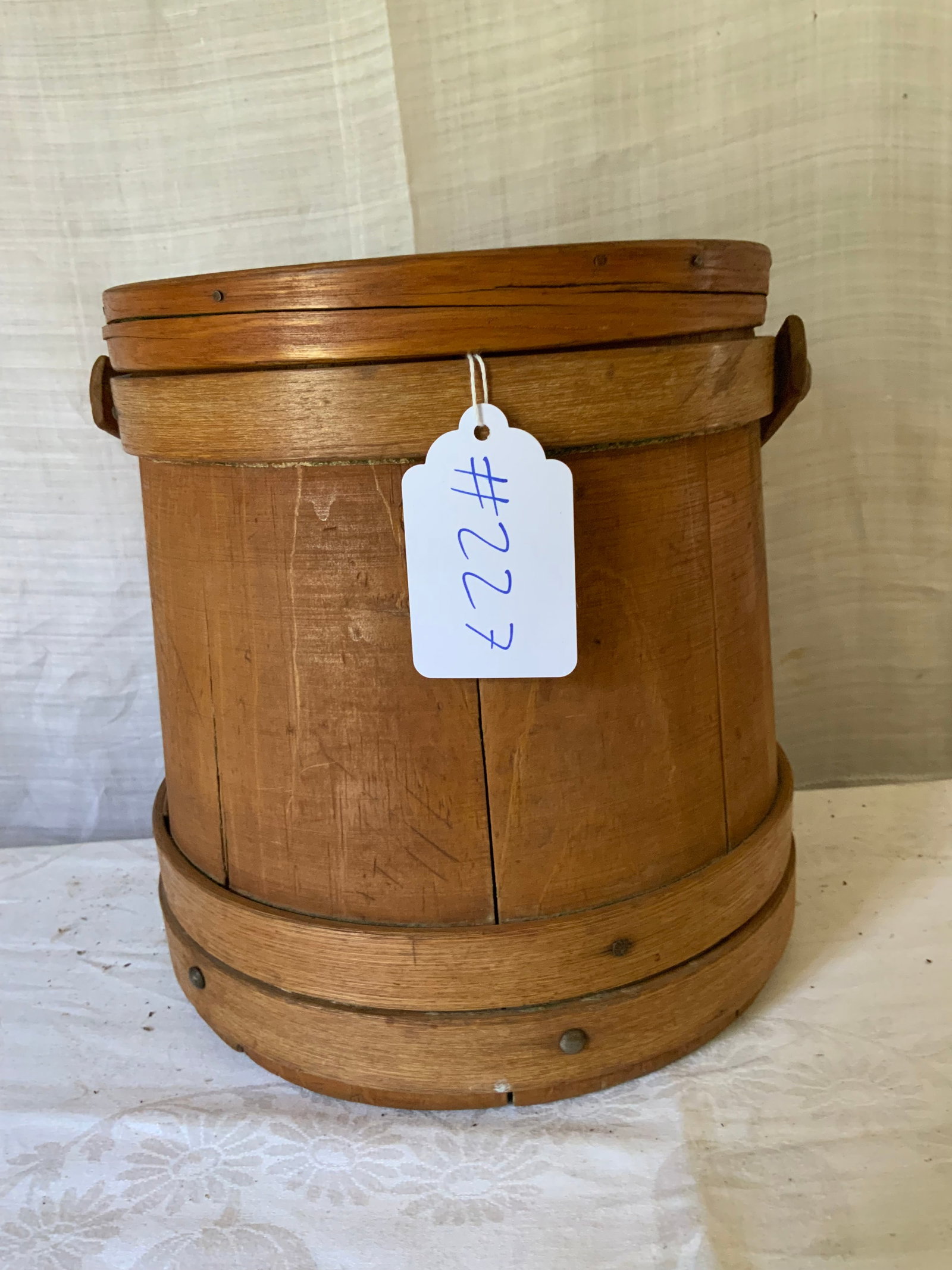Firkin: Firkin w/ banded lid, 10" x 9 1/2" wide, swing handle. Good condition.