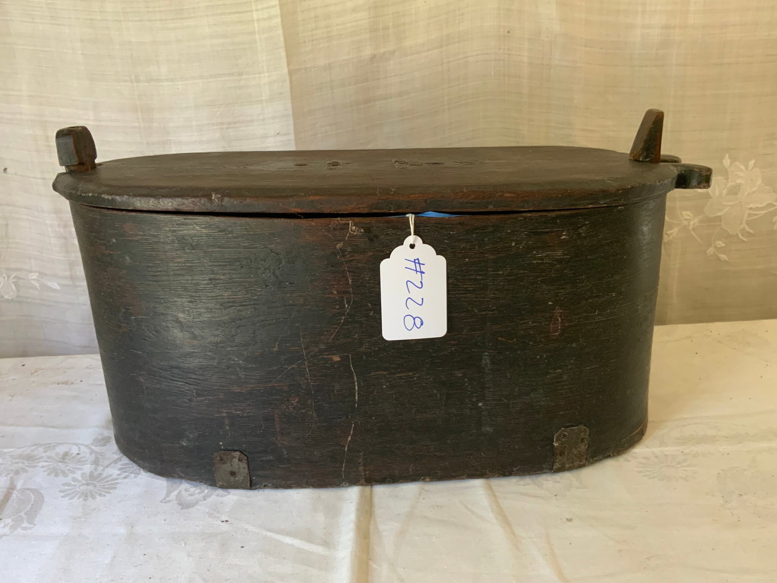 Oval Box: Oval box, overlapping construction with pressure clips on lid, early original finish, 18 1/2" x 6" x 10" tall, Norwegian, small hole in bottom side. Good condition.