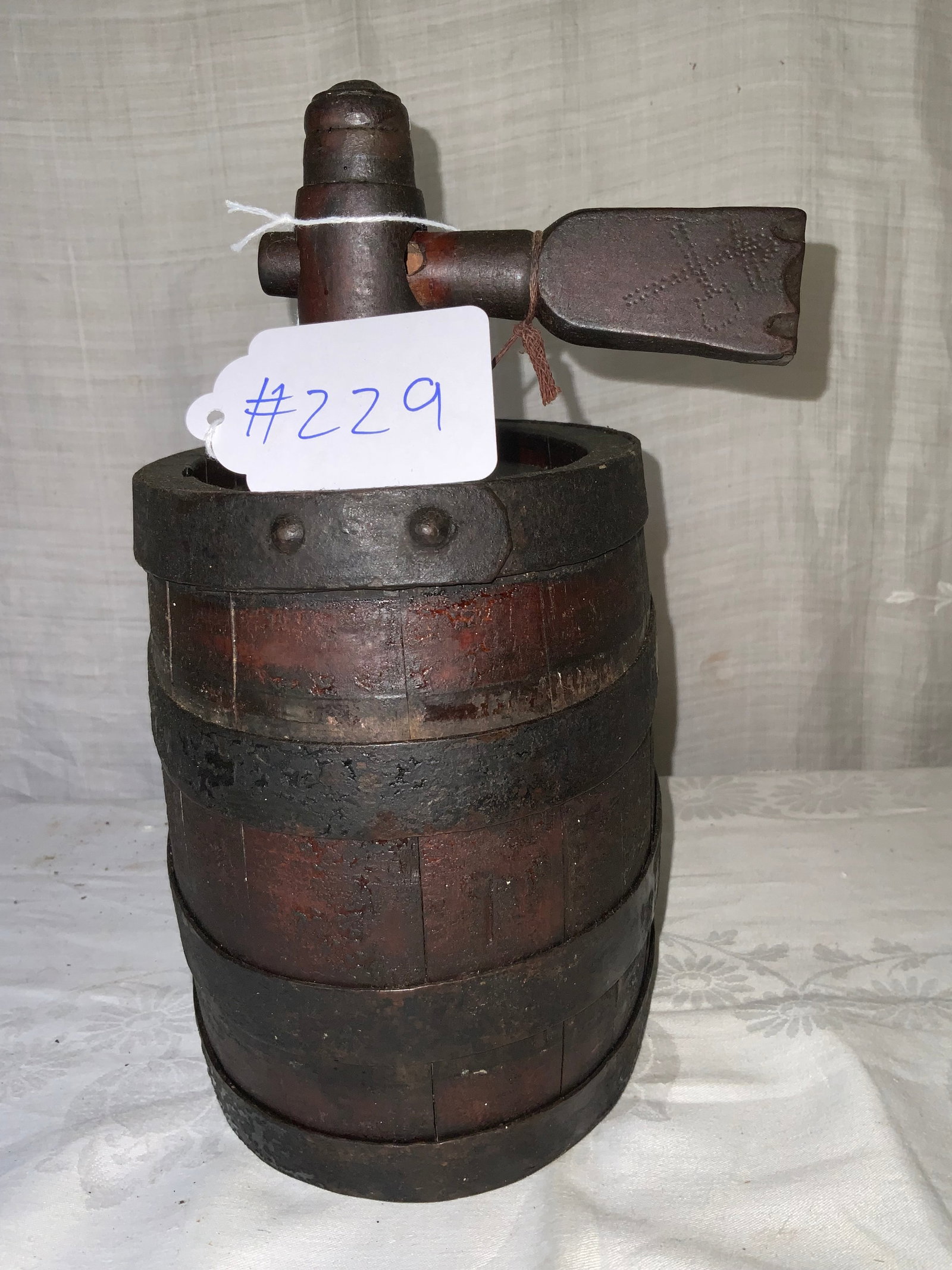 Keg/Barrel: Keg/barrel w/ banded straps & tap for "Rum," whiskey, 10 inches deep, 7 1/2 inches tall, good old finish. Good condition.