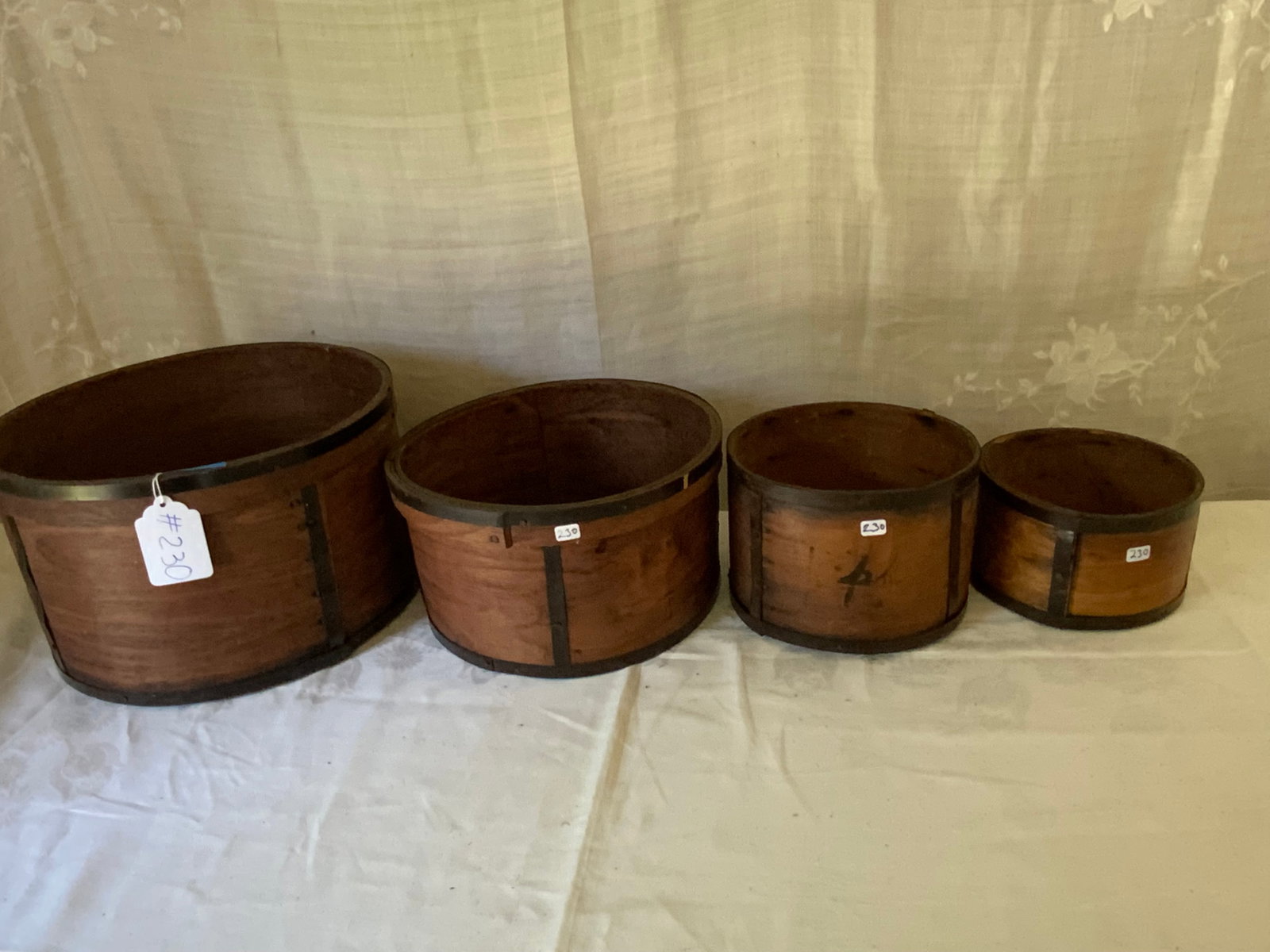 Pantry Measures: Pantry measures, ash w/ mounts & banding, strapped, set of 4, largest 13 1/2" x 8 1/4", smallest 7 1/4" x 4 1/2". Good condition.