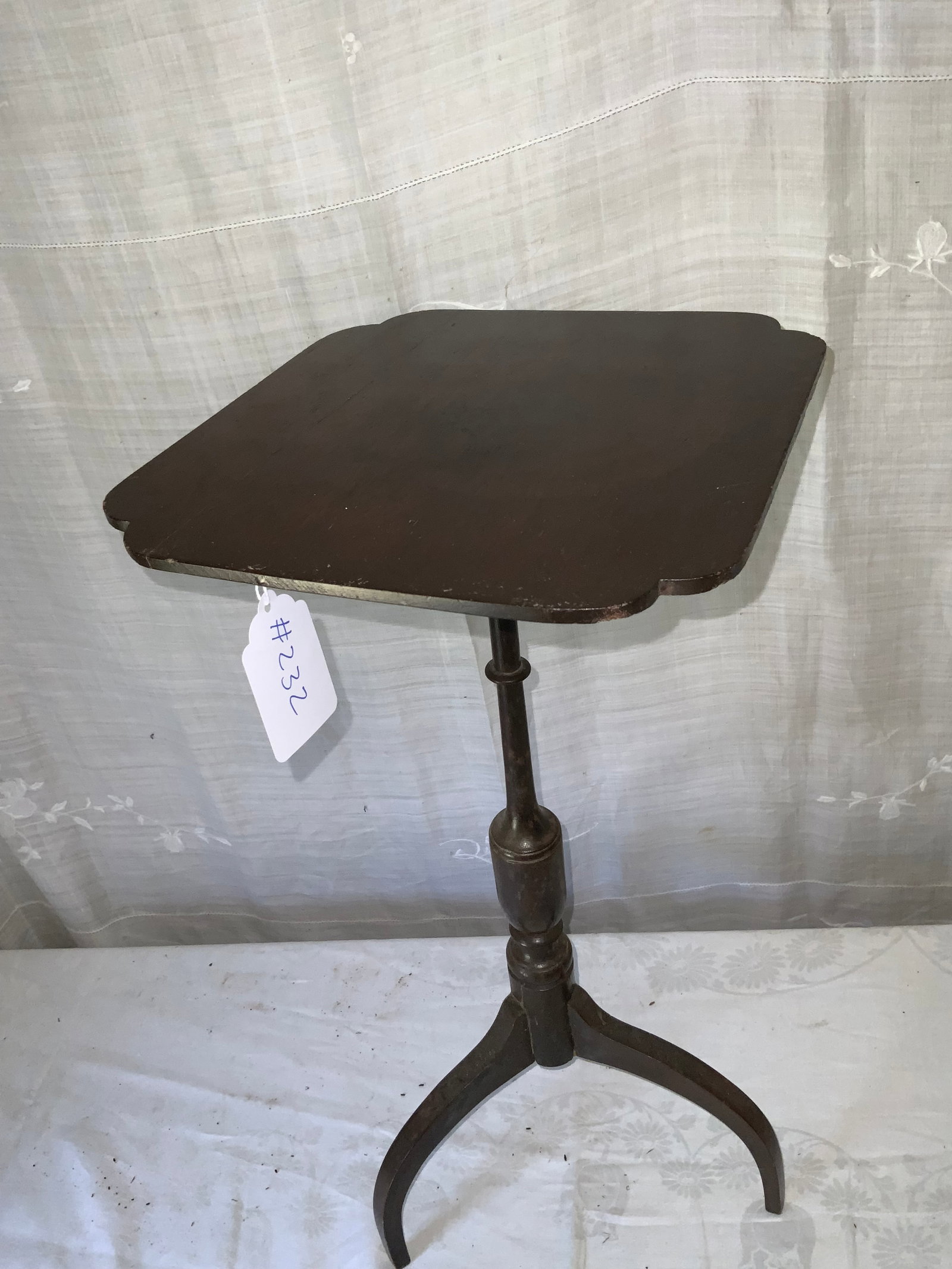 Candle Stand: Candle stand, spider leg, old repaired crack, petite stand, 12" x 12" top, 24" tall. Good condition.