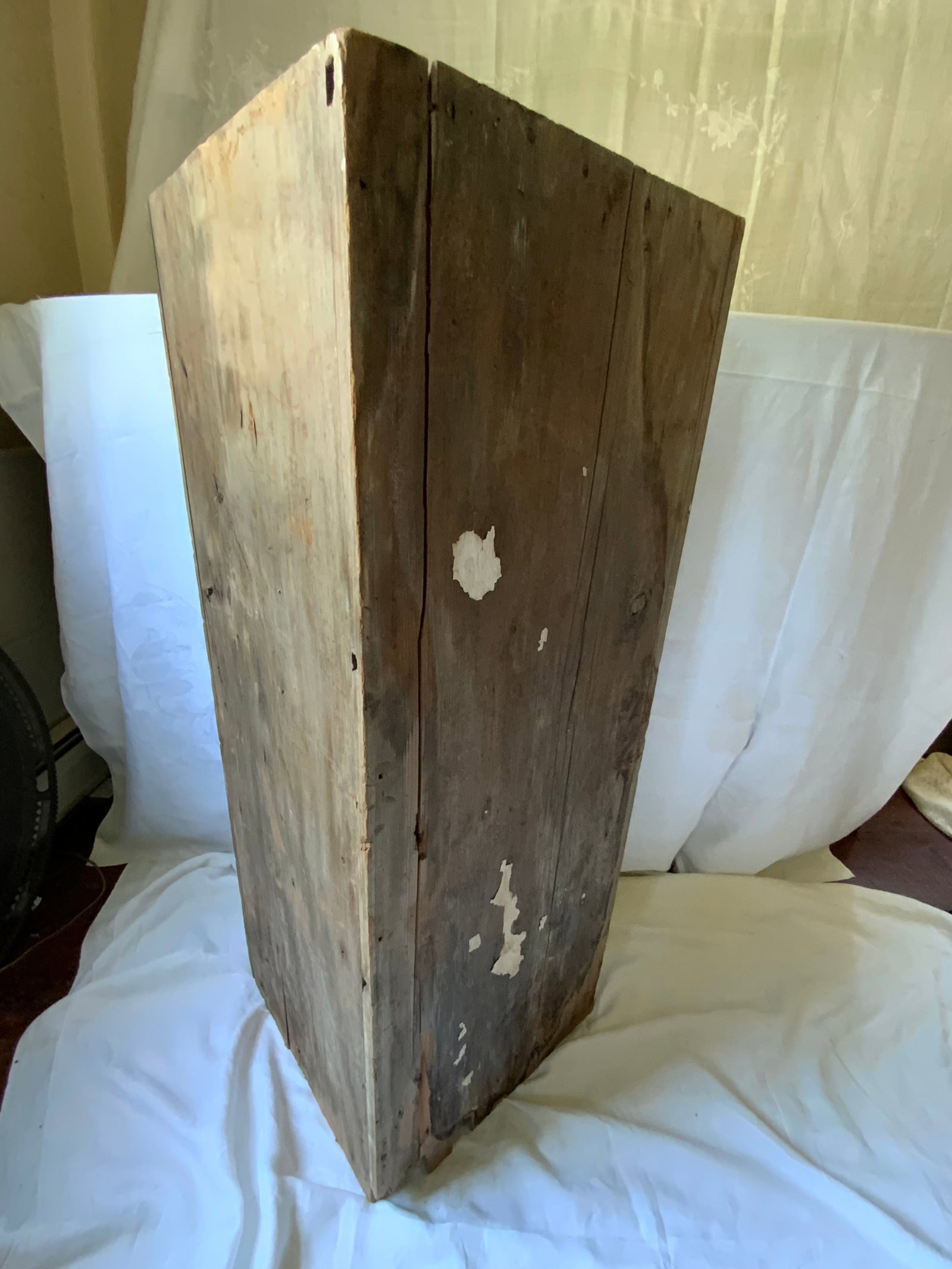 Corner Shelf: Corner shelf, pine, old finish, right top corner repair, other condition issues. Fair condition.