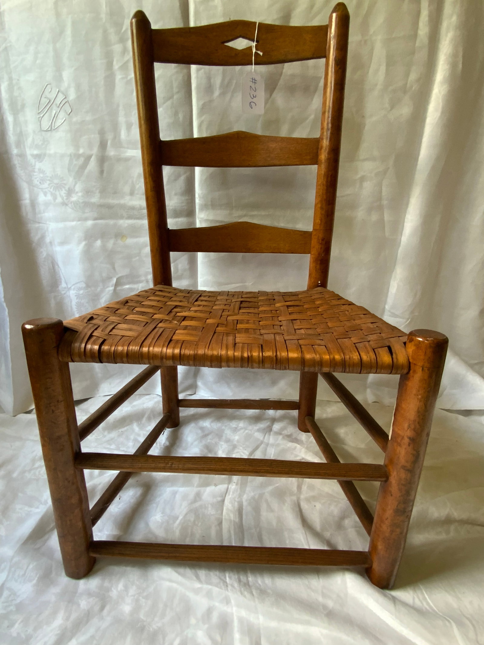 Ash Slat Back Chair: Ash slat back chair w/ pierced diamond cutout, loss of some height. Good condition.