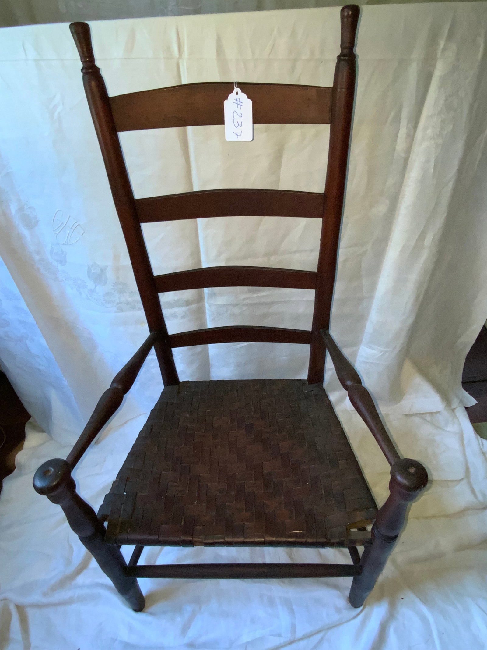 Arm Chair: Arm chair, early, pre-1840s, turned arms w/ small mushroom caps. Good condition.