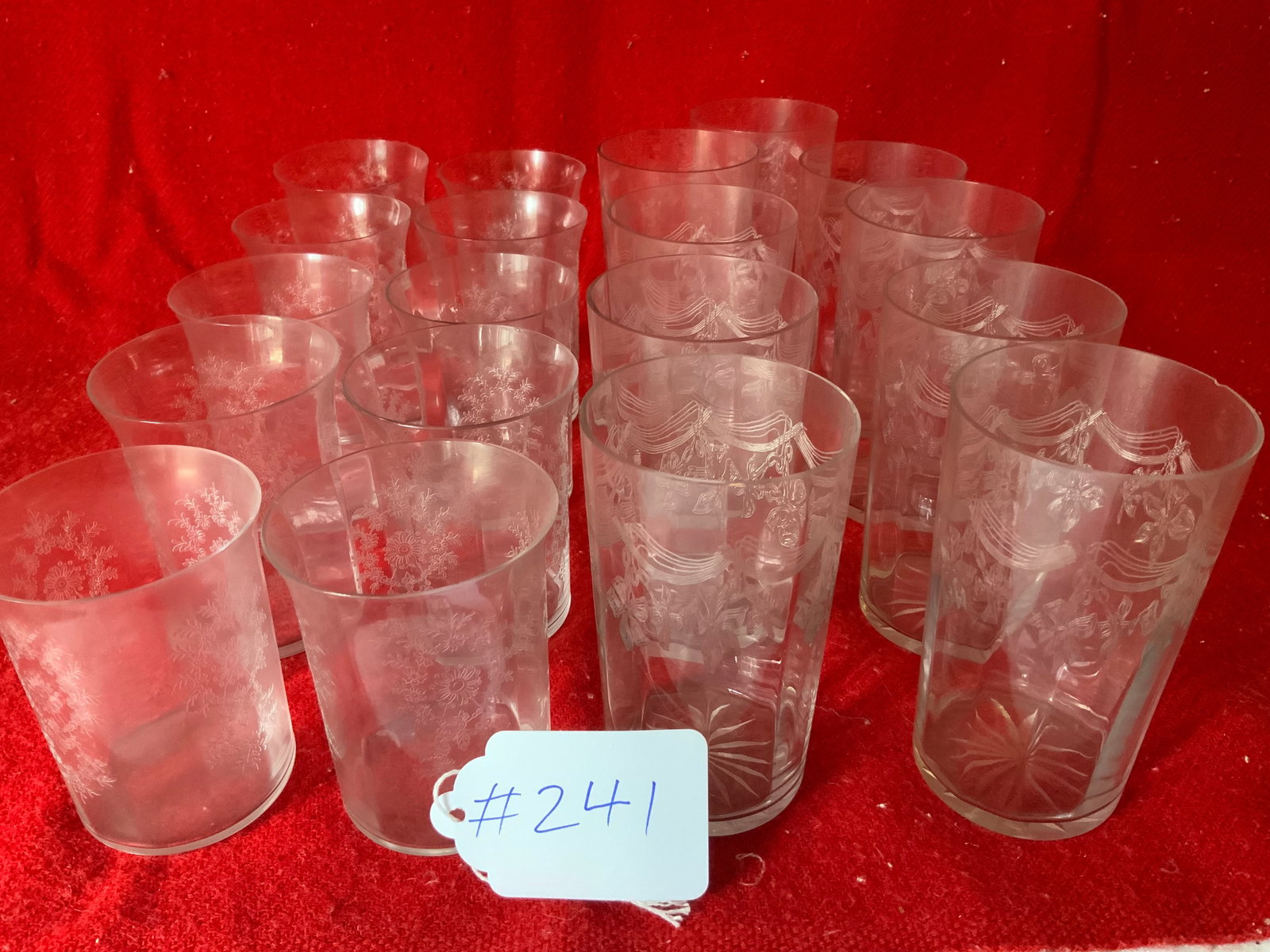Etched Glasses: Etched set of glasses, 9 5-inch water glasses, 10 4-inch (two different patterns). Good condition.
