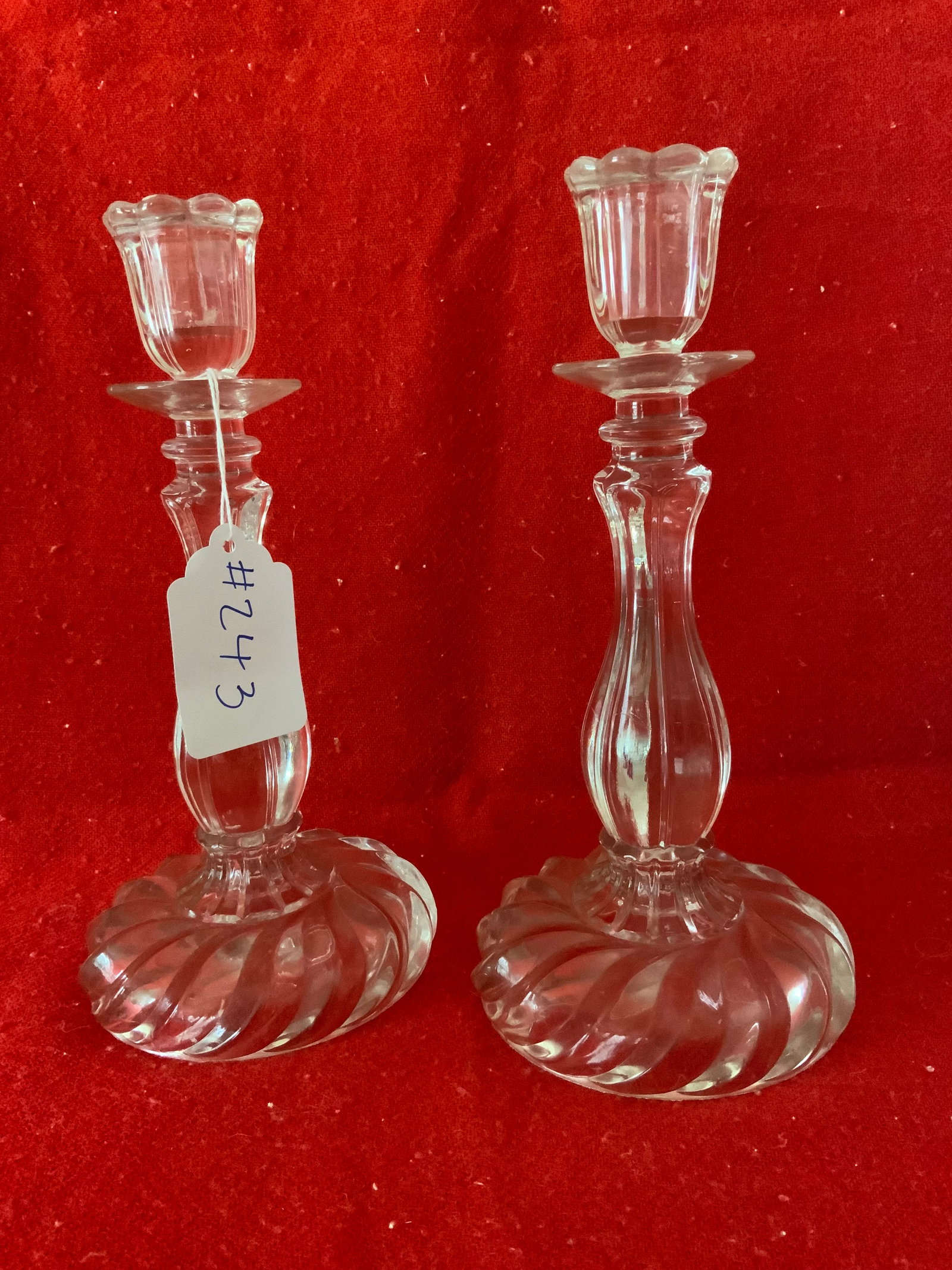 Baccarat Style Candlesticks: Early 3-mold pair of candlesticks, Baccarat style, unsigned. Good condition.