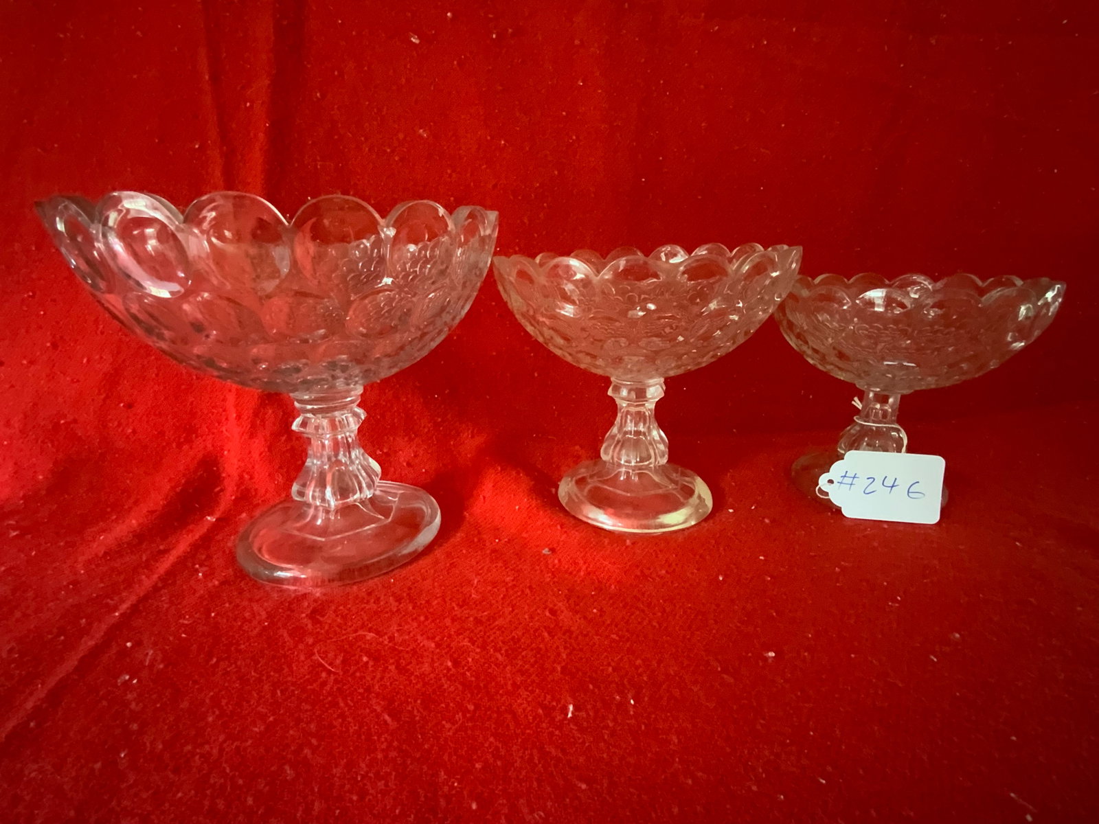 Fish-Eye Pattern Compotes: 3 fish-eye pattern compotes, graduated size, 3 pc lot, early blown in a mold. Good condition.