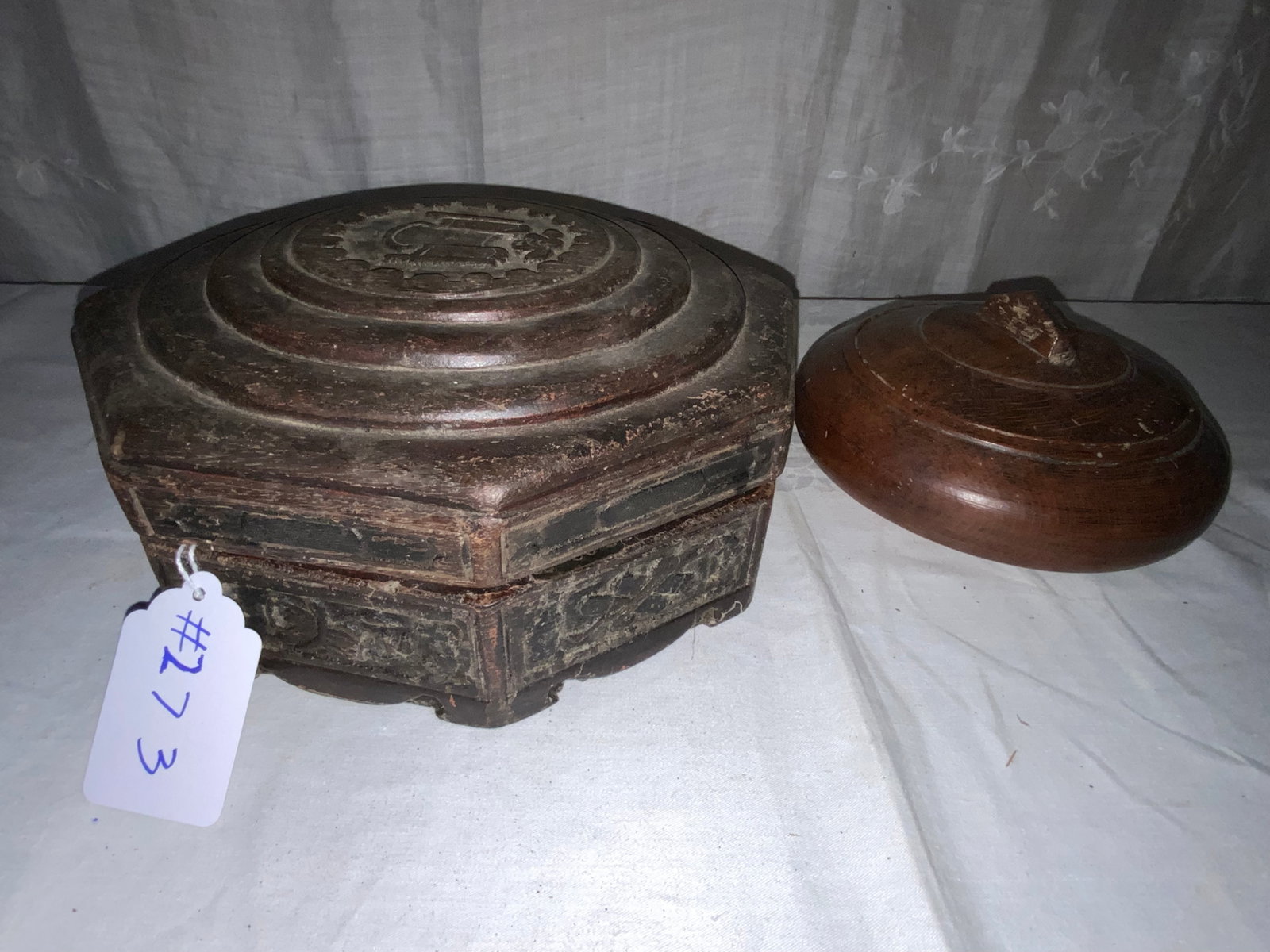 Tibetan Tray & Scandinavian Box: 2 boxes: 1st octagon decorated tray (Tibetan), carved all over, 11" around, 5" tall; 2nd Scandinavian locking lid round box, 8" round, 4" tall. Good condition.