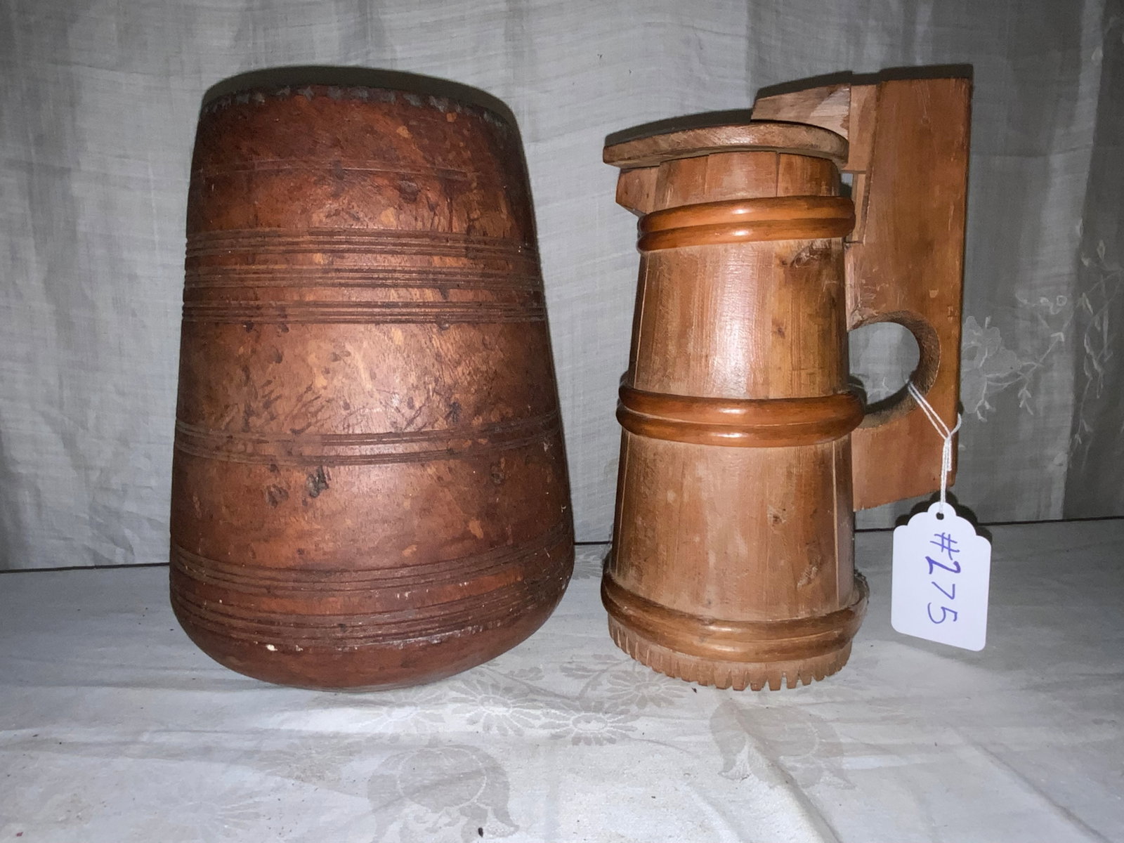 Pitcher & Vase: 2 wooden items: 1 pitcher/tankard w/ lid, Scandinavian; turned wood vase, old finish, 10" tall, hand-chiseled interior. Good condition.