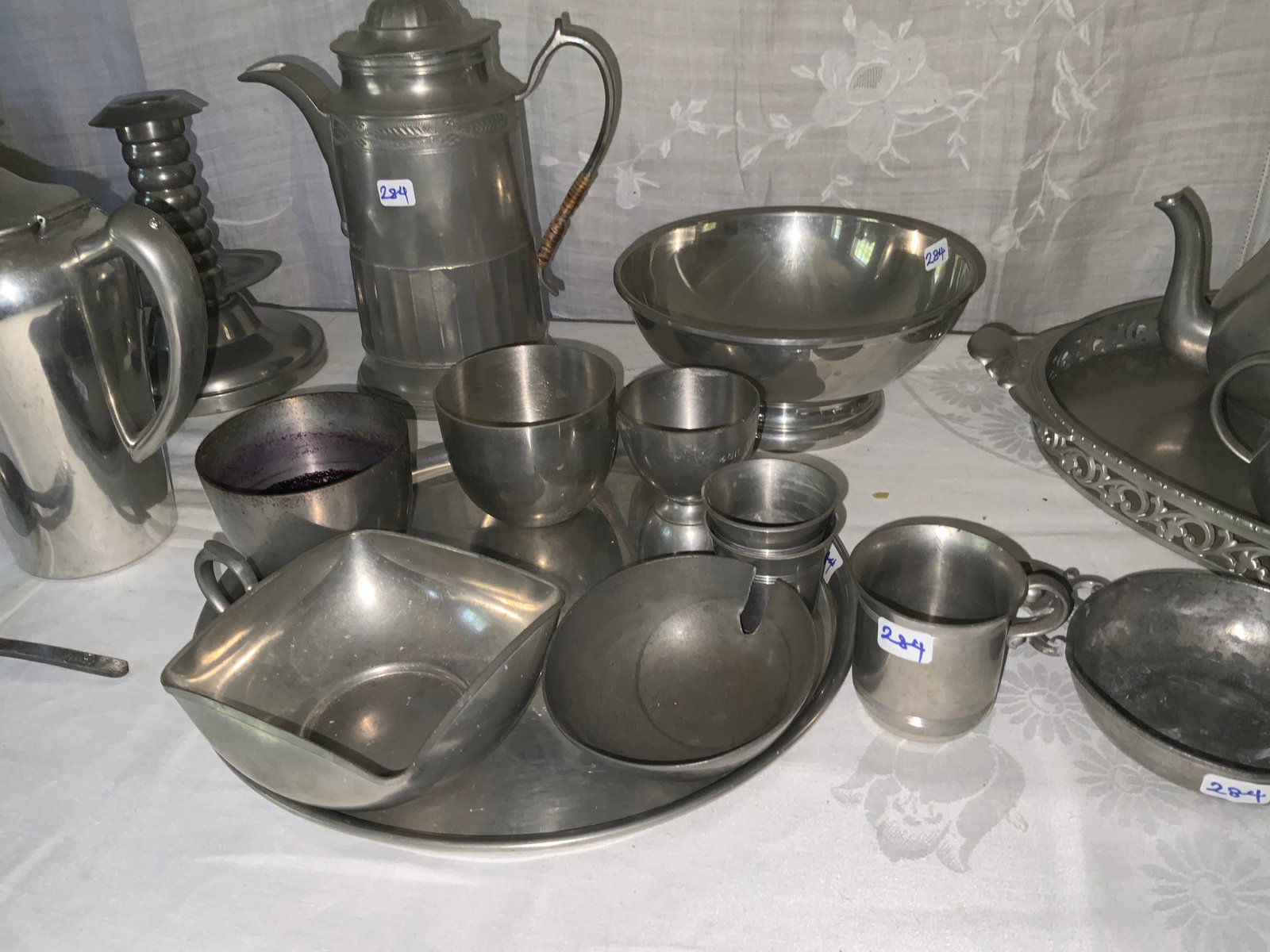 Pewter Lot: Lot of 30 pewter items: tea services, candlesticks, misc., variety of age & condition. Overall good condition.