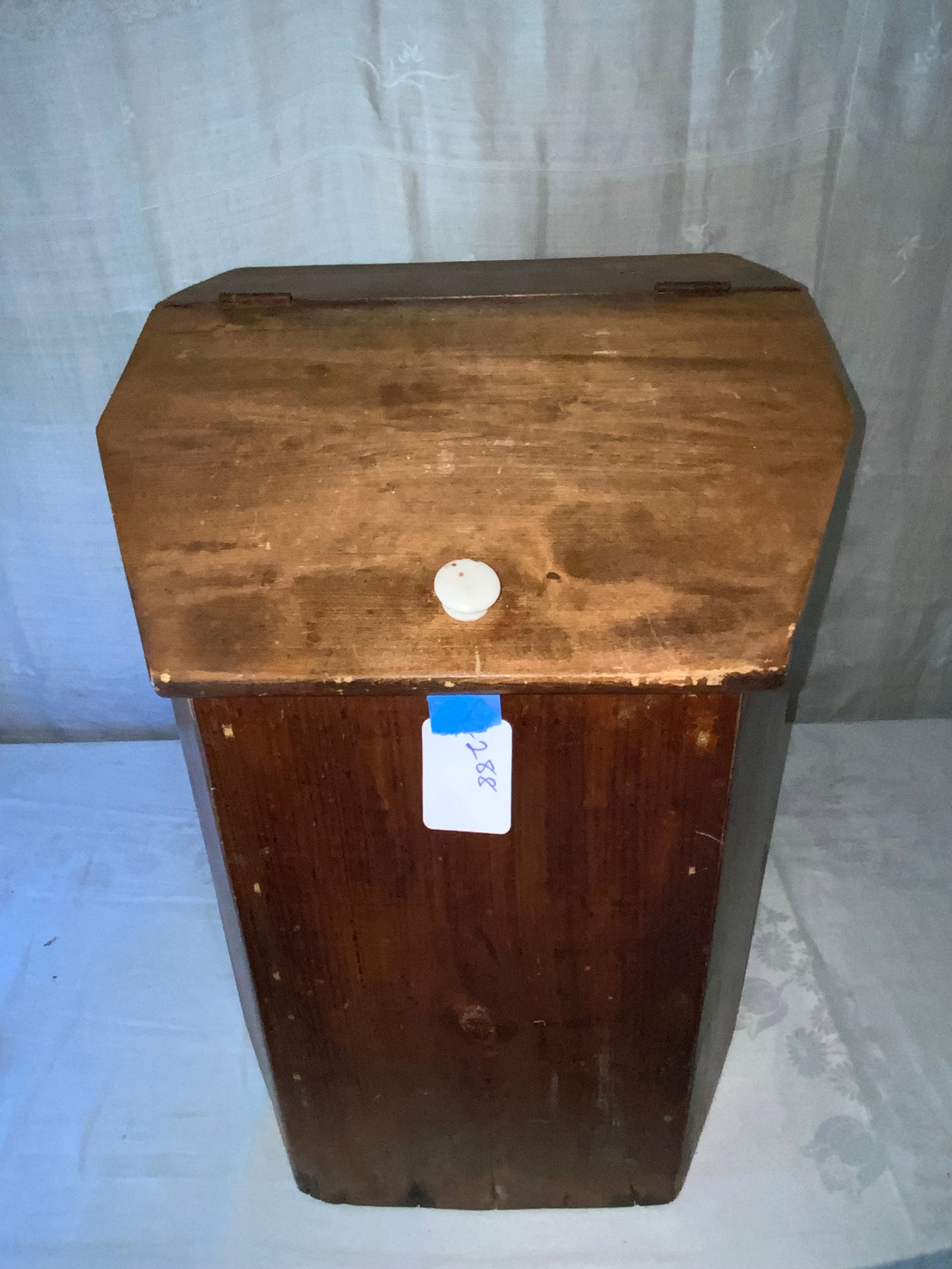 Wooden Bin: Wooden bin w/ lift door, red paint, early, 17 3/4" x 19" x 24" tall. Good overall condition.